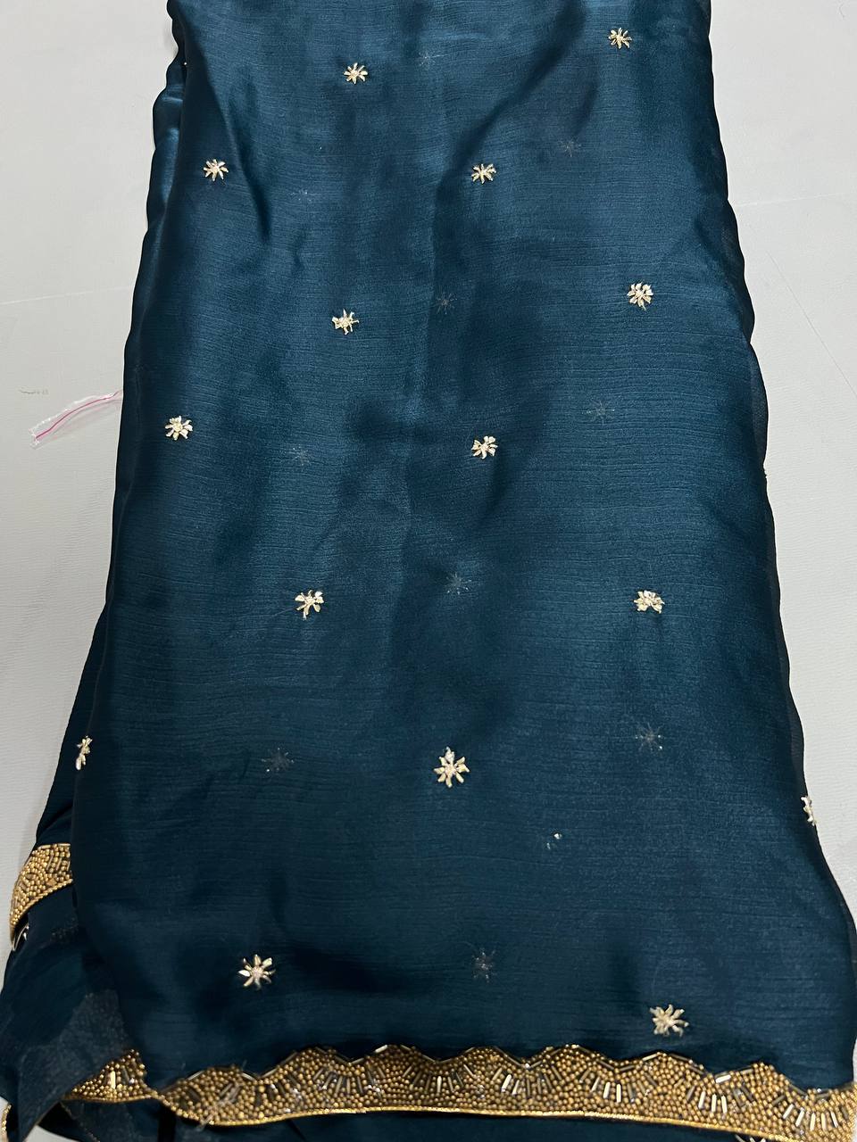 Fancy dual shade weaving with sequence &amp; siroski work sarees with blouse