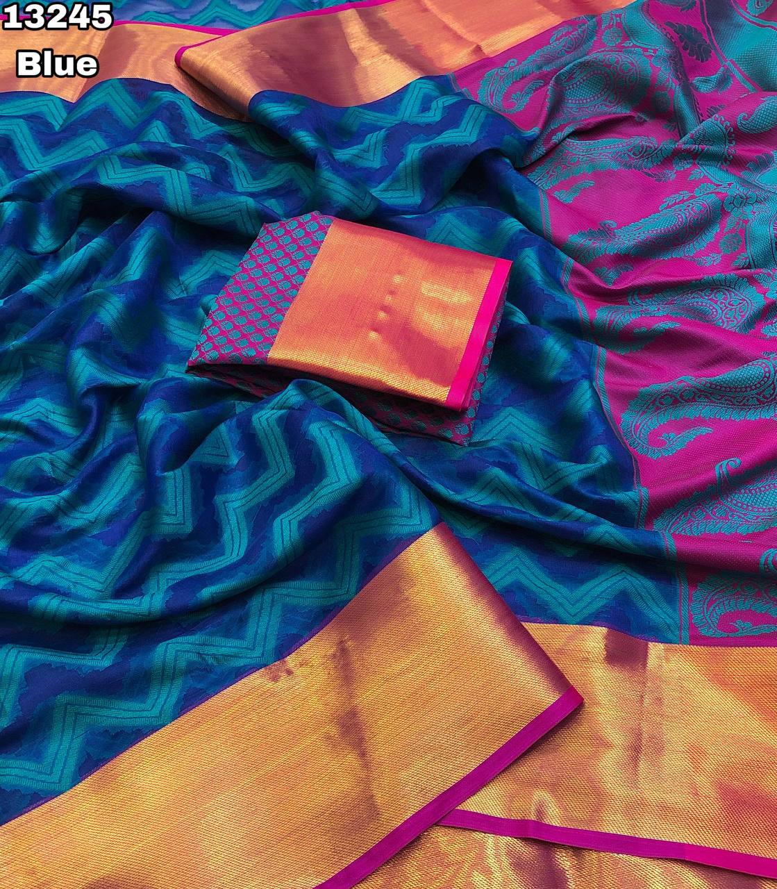 Fancy dual shade weaving with sequence &amp; siroski work sarees with blouse