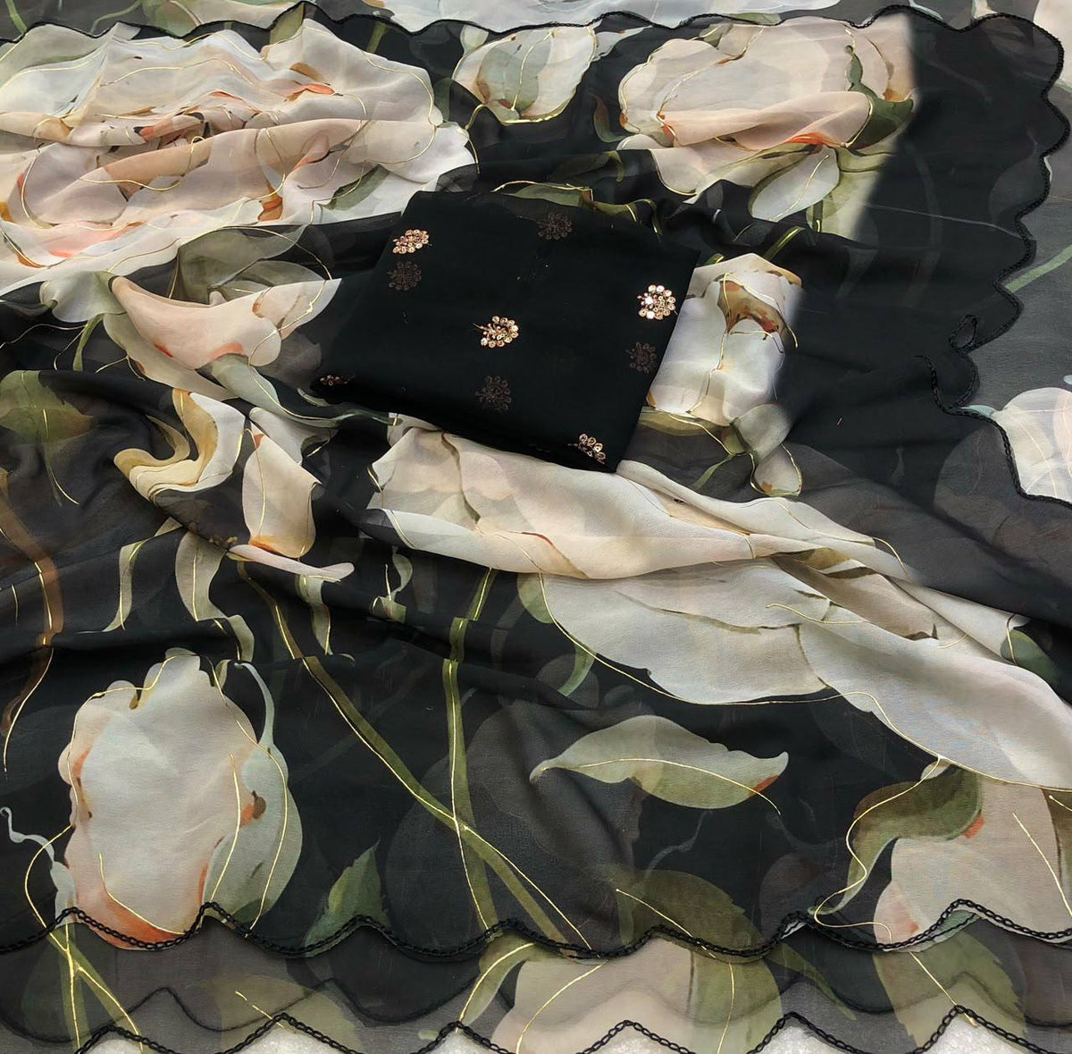 Blackros Chiffon Print Foil Work Saree