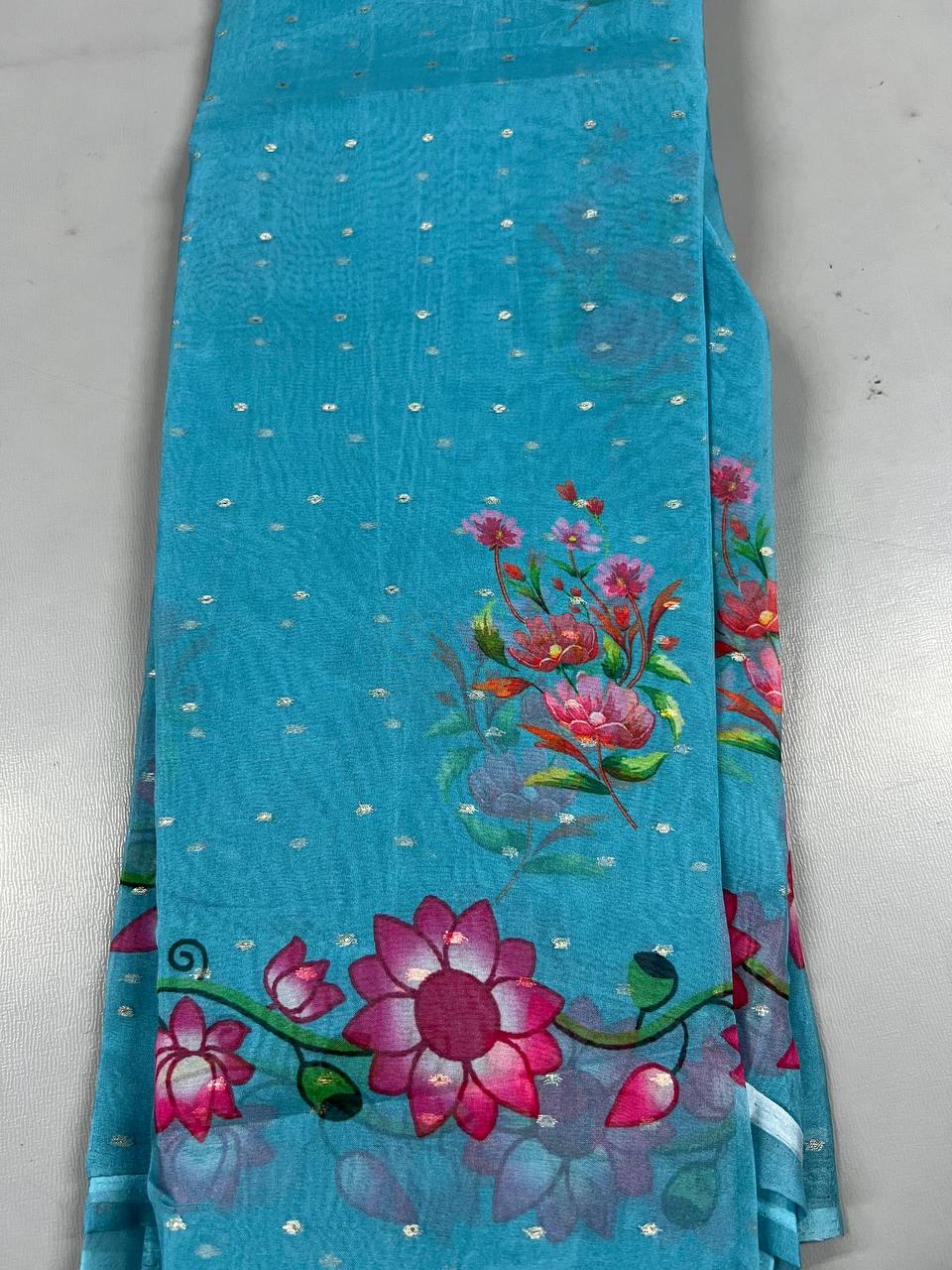 Soft Linen Printed, Furr & Foil Work Sarees with Blouse