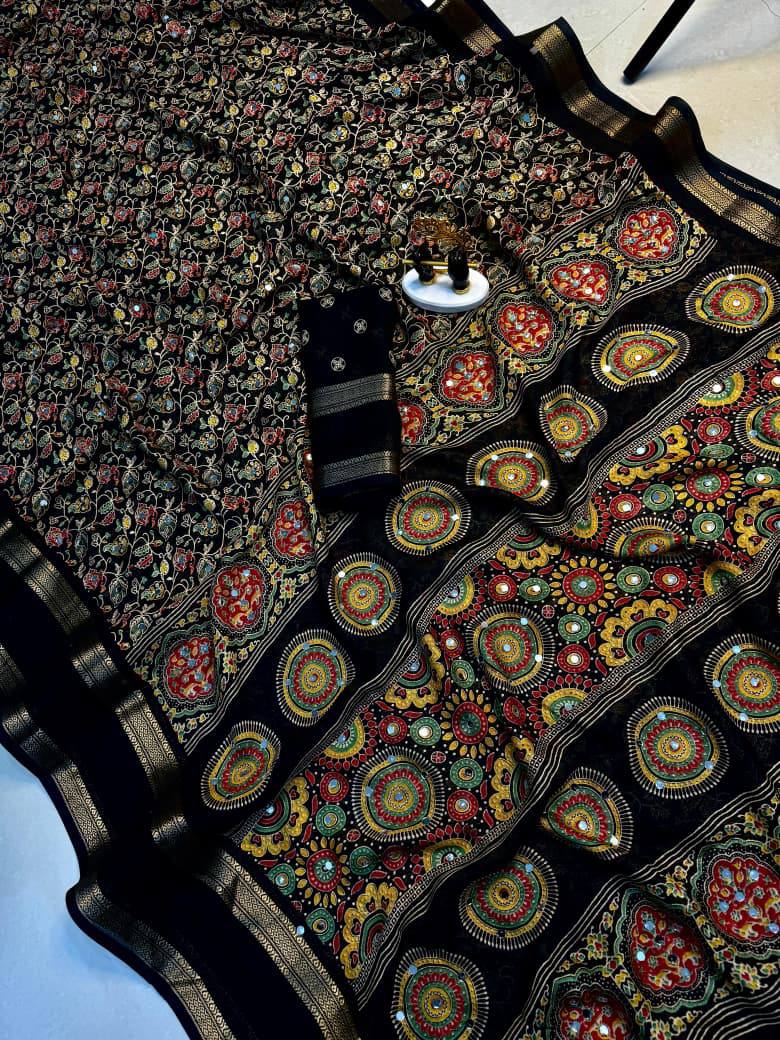 Nisha Georgette Ajrakh Mirror Work Saree