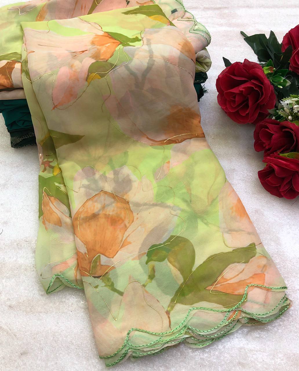 Hariyal Chiffon Floral Print Foil Work Saree
