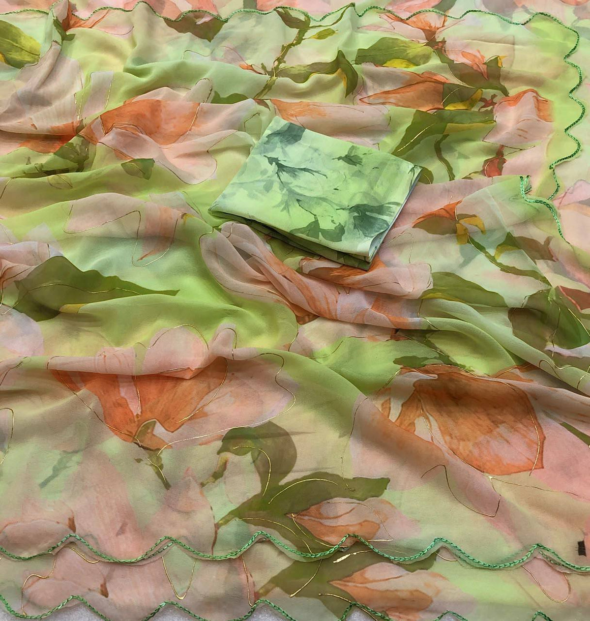 Hariyal Chiffon Floral Print Foil Work Saree