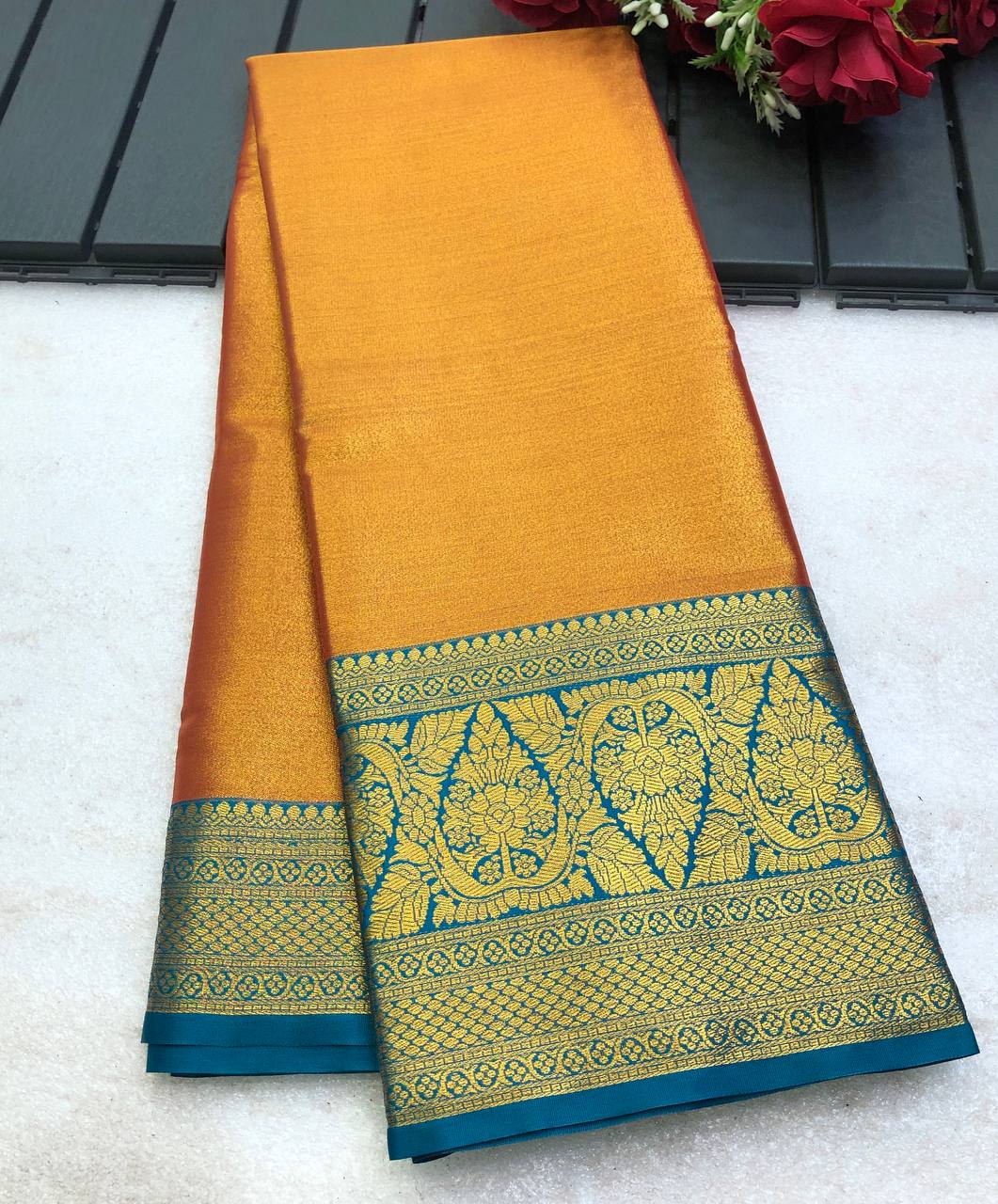 Zafrani Kanjivaram Gold zari weaving saree