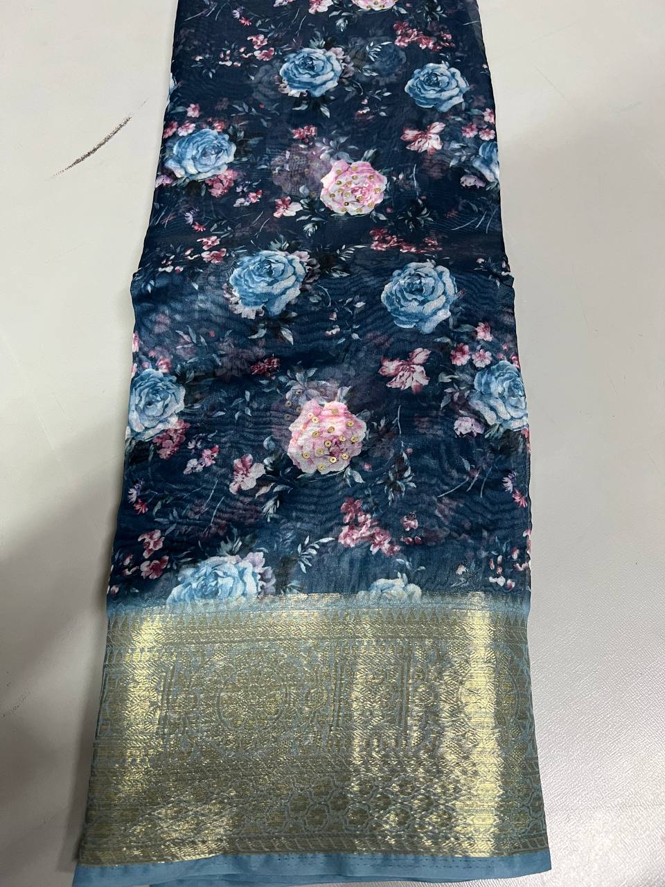 Fancy dual shade weaving with sequence &amp; siroski work sarees with blouse