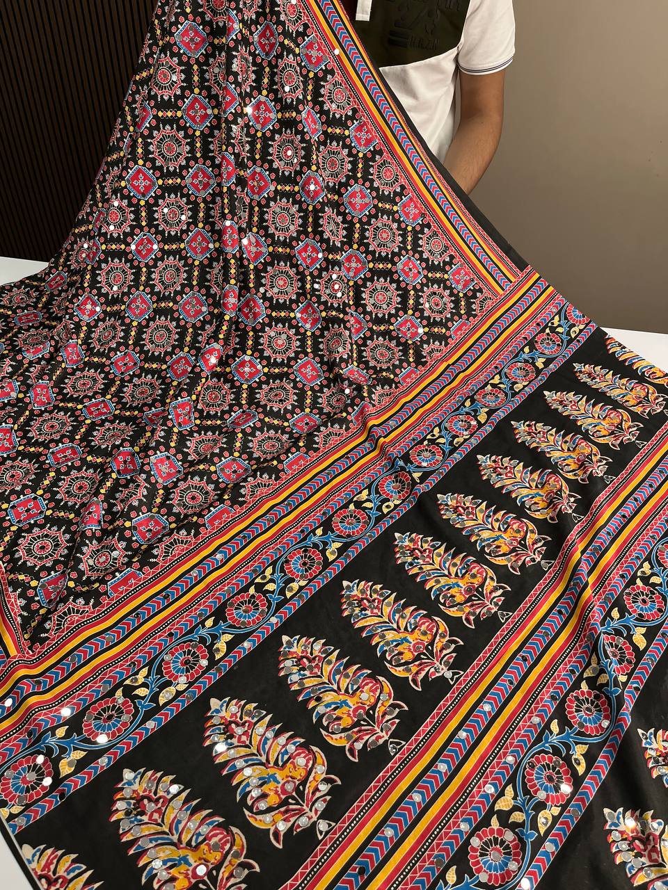 Mirrza Satin Crape Silk Ajrakh Digital Printed Saree