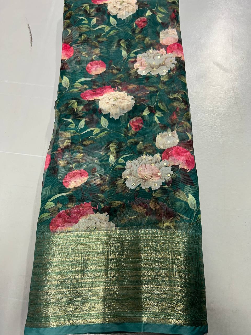 Soft Linen Printed, Furr & Foil Work Sarees with Blouse