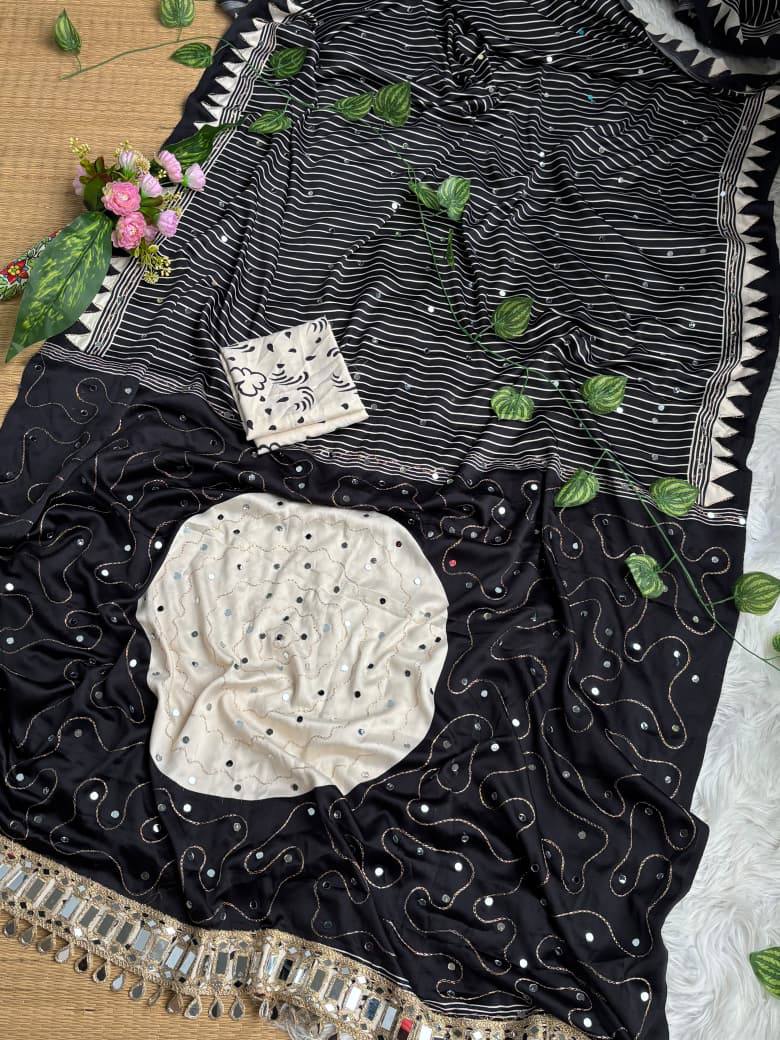 Charcoal Modal Silk Ajarak Print Mirror Work Saree