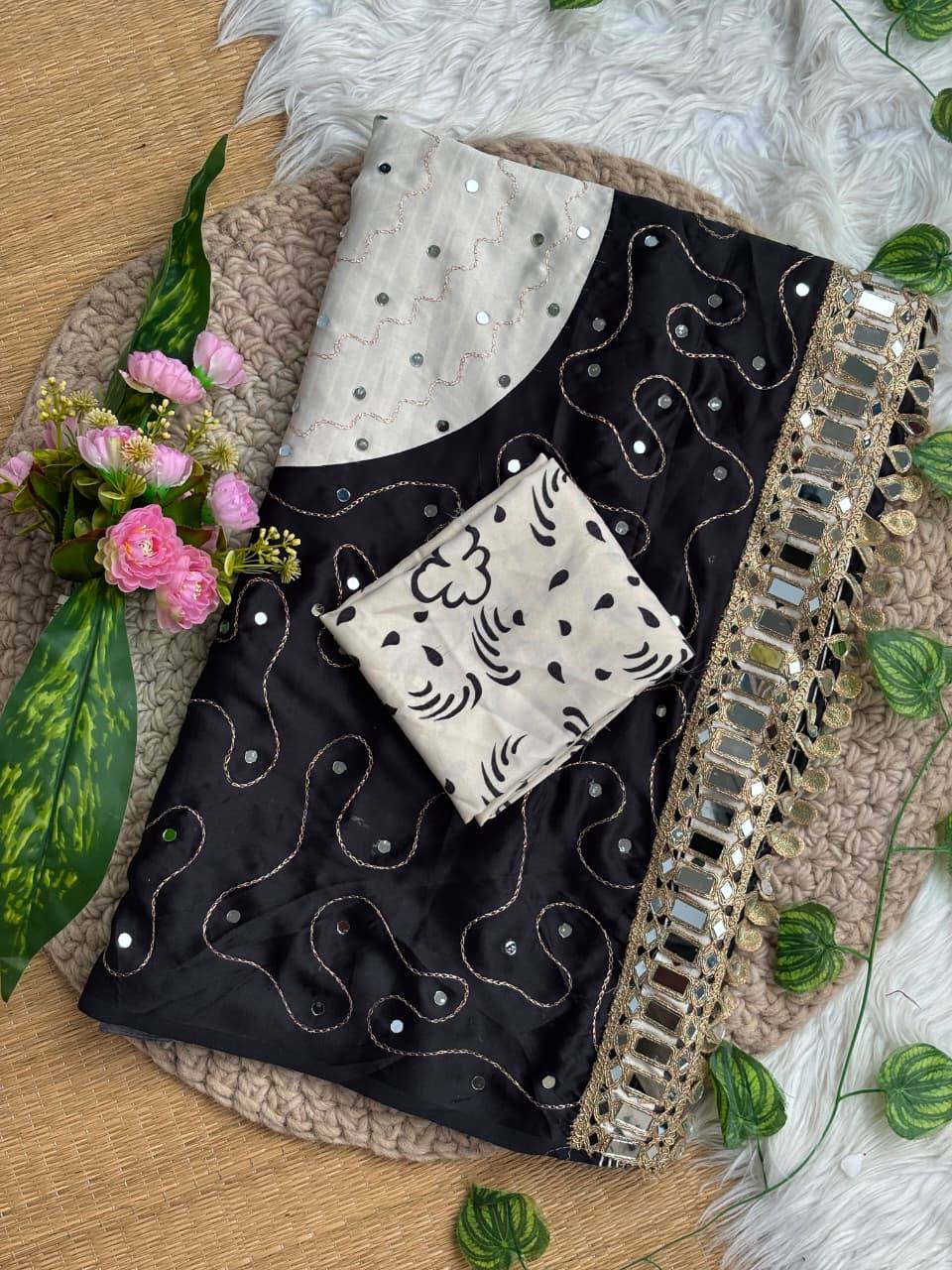 Charcoal Modal Silk Ajarak Print Mirror Work Saree