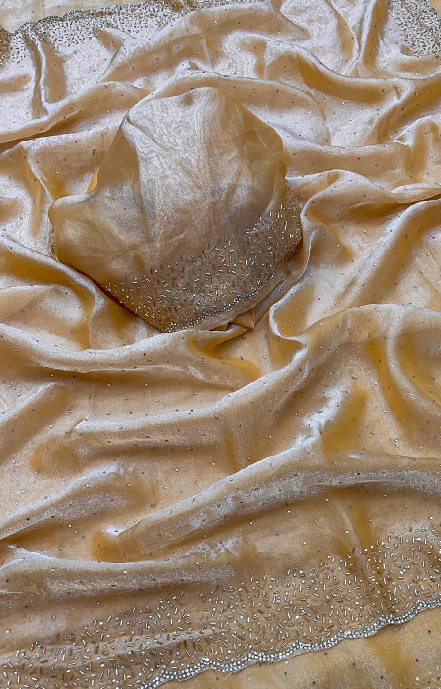 GAZIYA SOFT & SMOOTH SPACE SILK FENDY SATIN WITH HANDWORK & SIROSKI SAREE.
