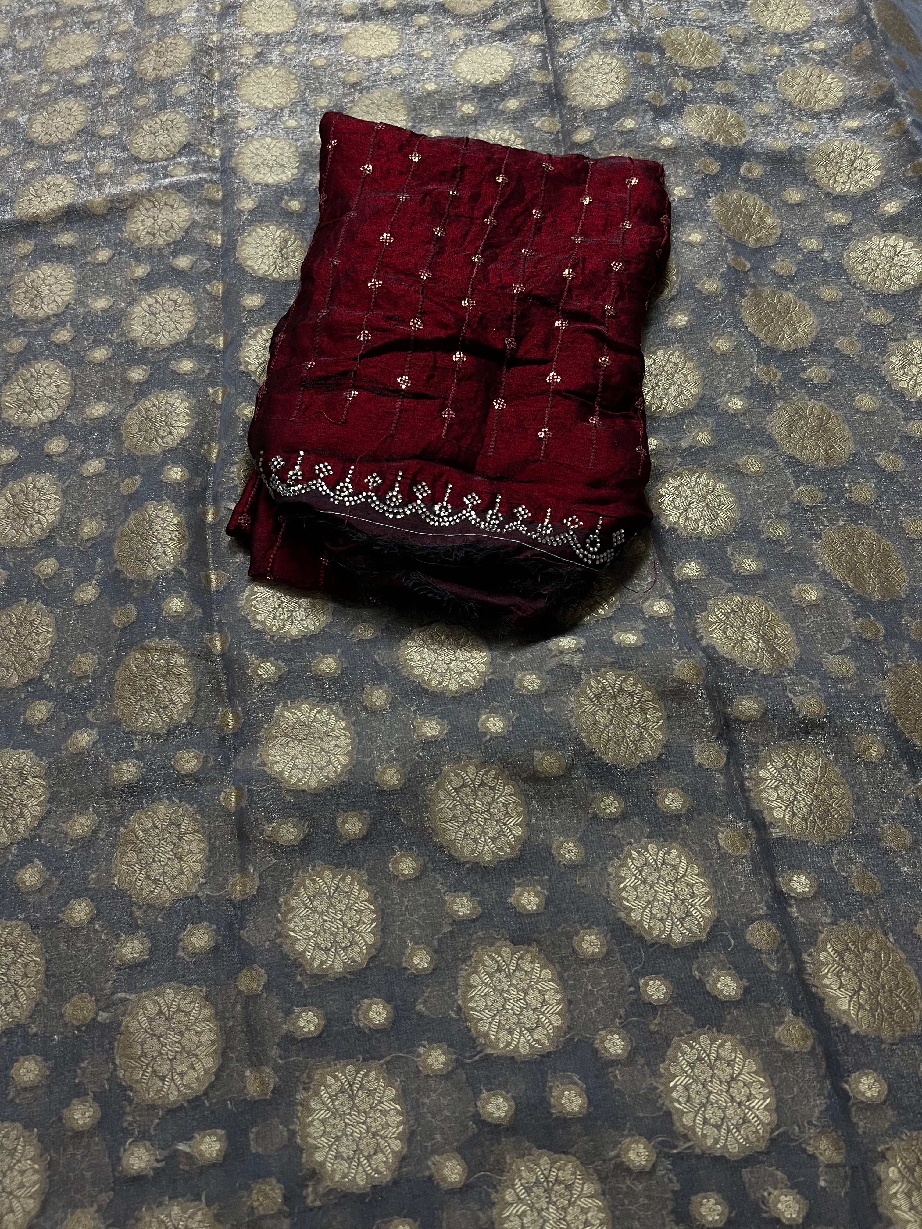 Fancy dual shade weaving with sequence &amp; siroski work sarees with blouse