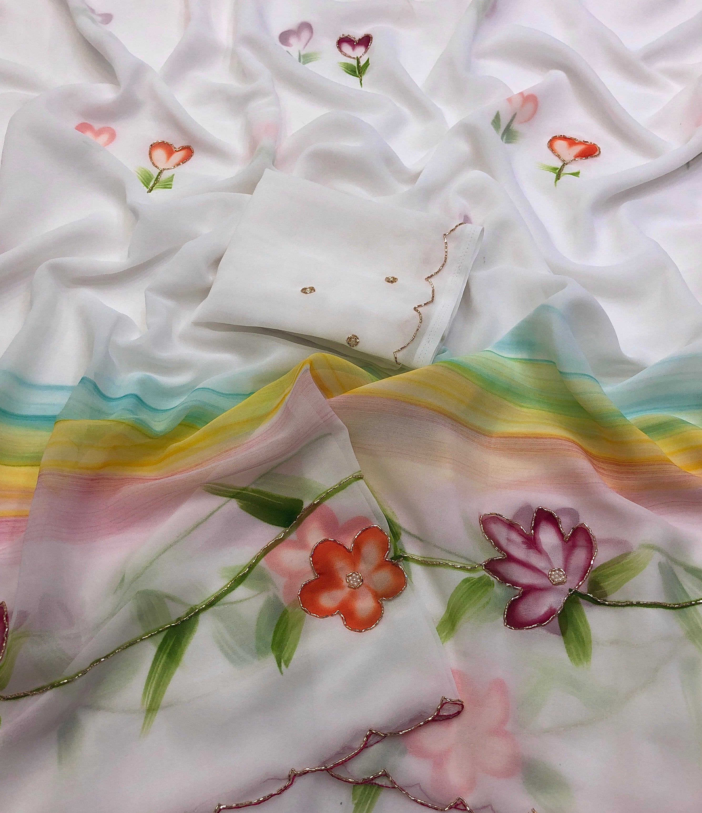 Split Faux Georgette Hand Brush Print Saree