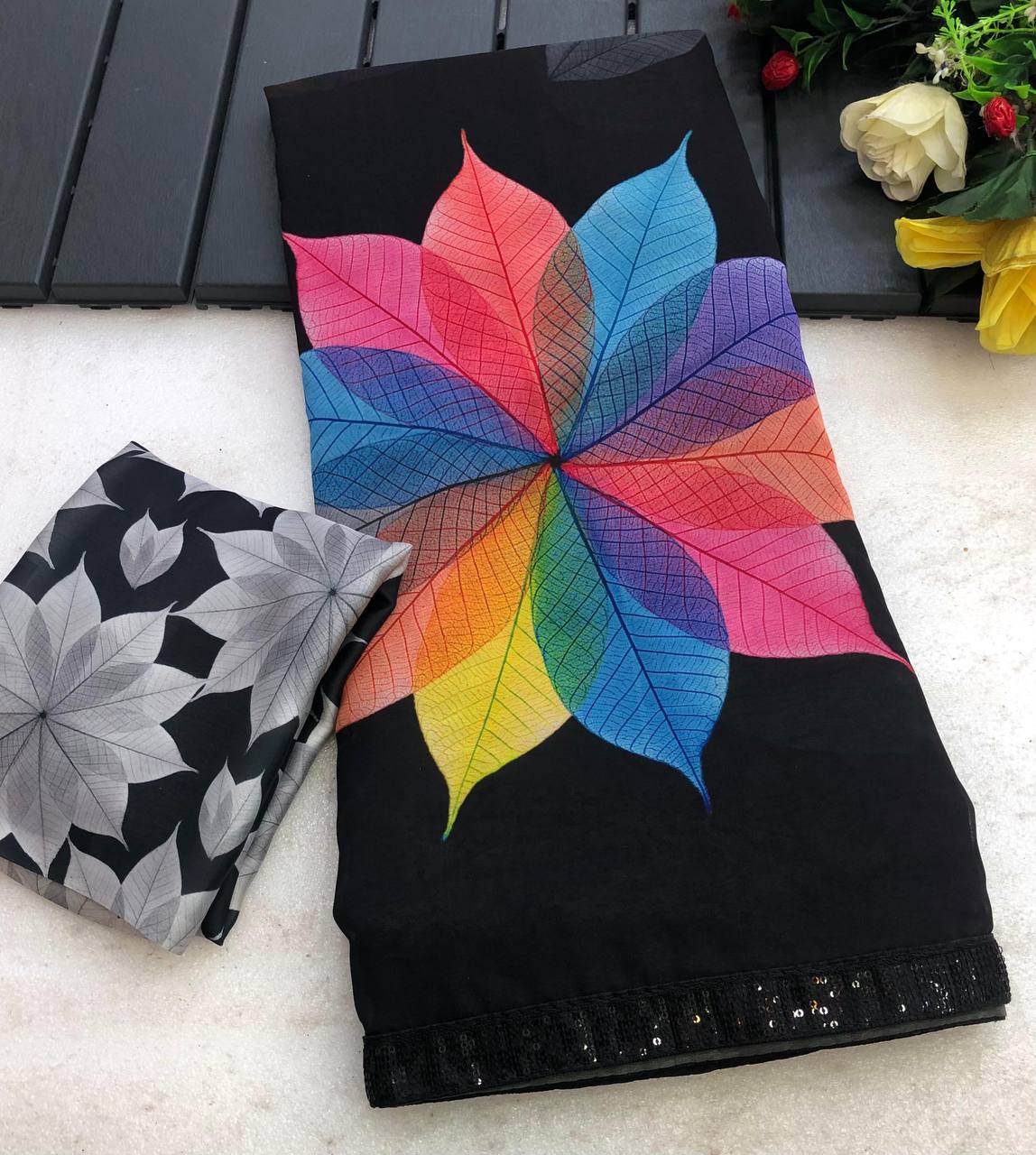 Leaflet Chiffon Floral Digital Print Saree
