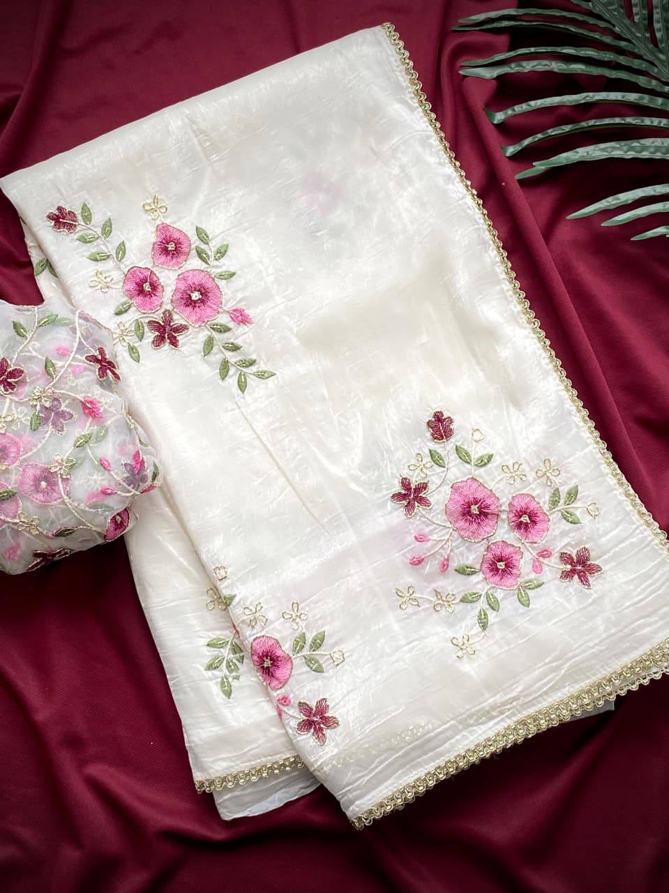 Angel Pure Crushed Embroidery Work Saree