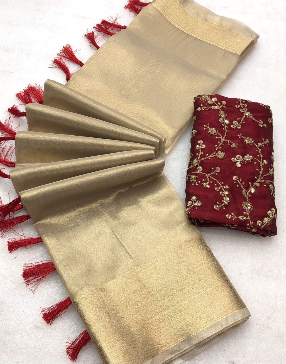 Aneezah Tissue Silk Gold Zari Weaving Saree
