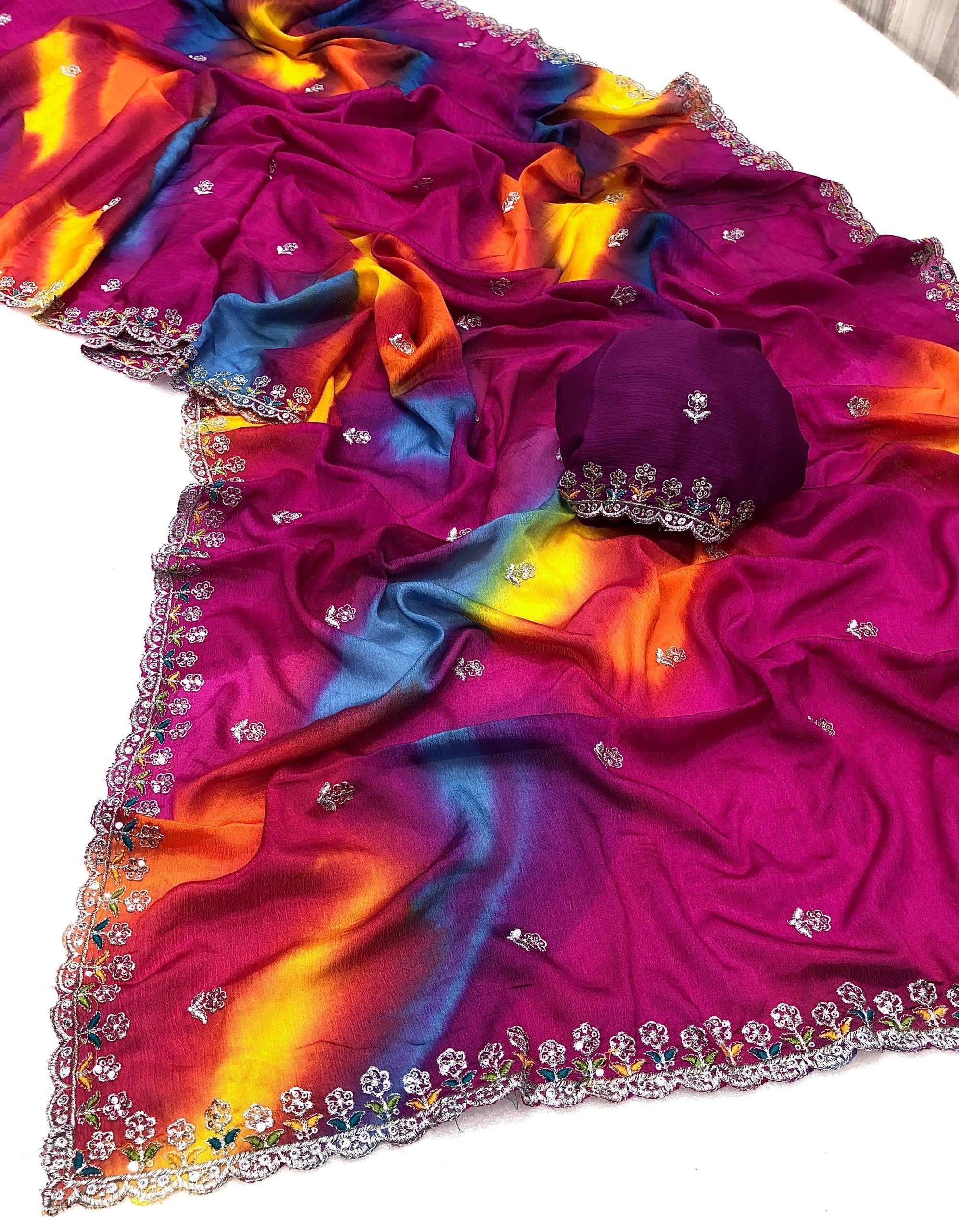 Fire Chinon Shaded Silver Embroidery Saree