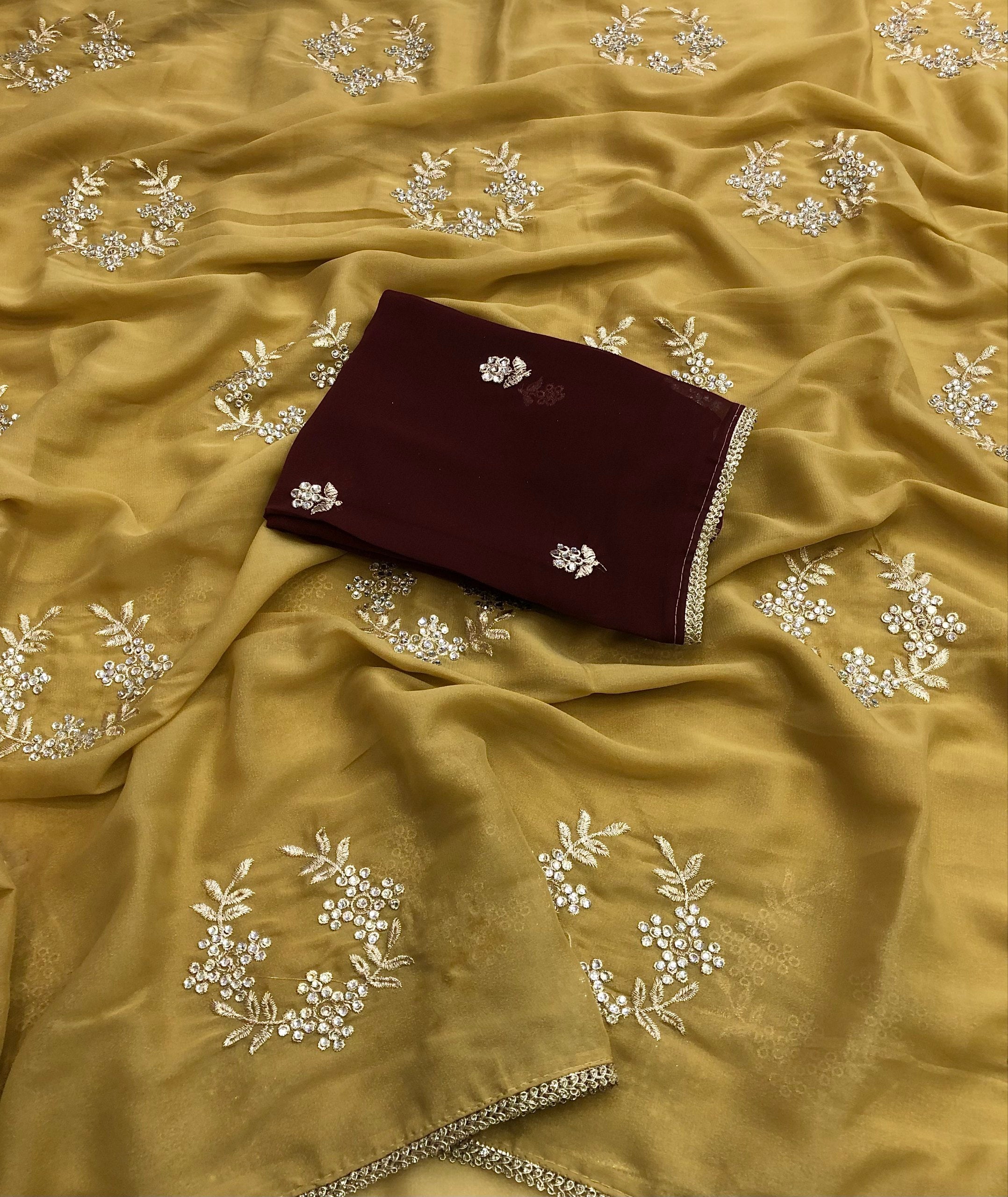 Bolding Star Georgette Gold Zari Embroidery Work Saree