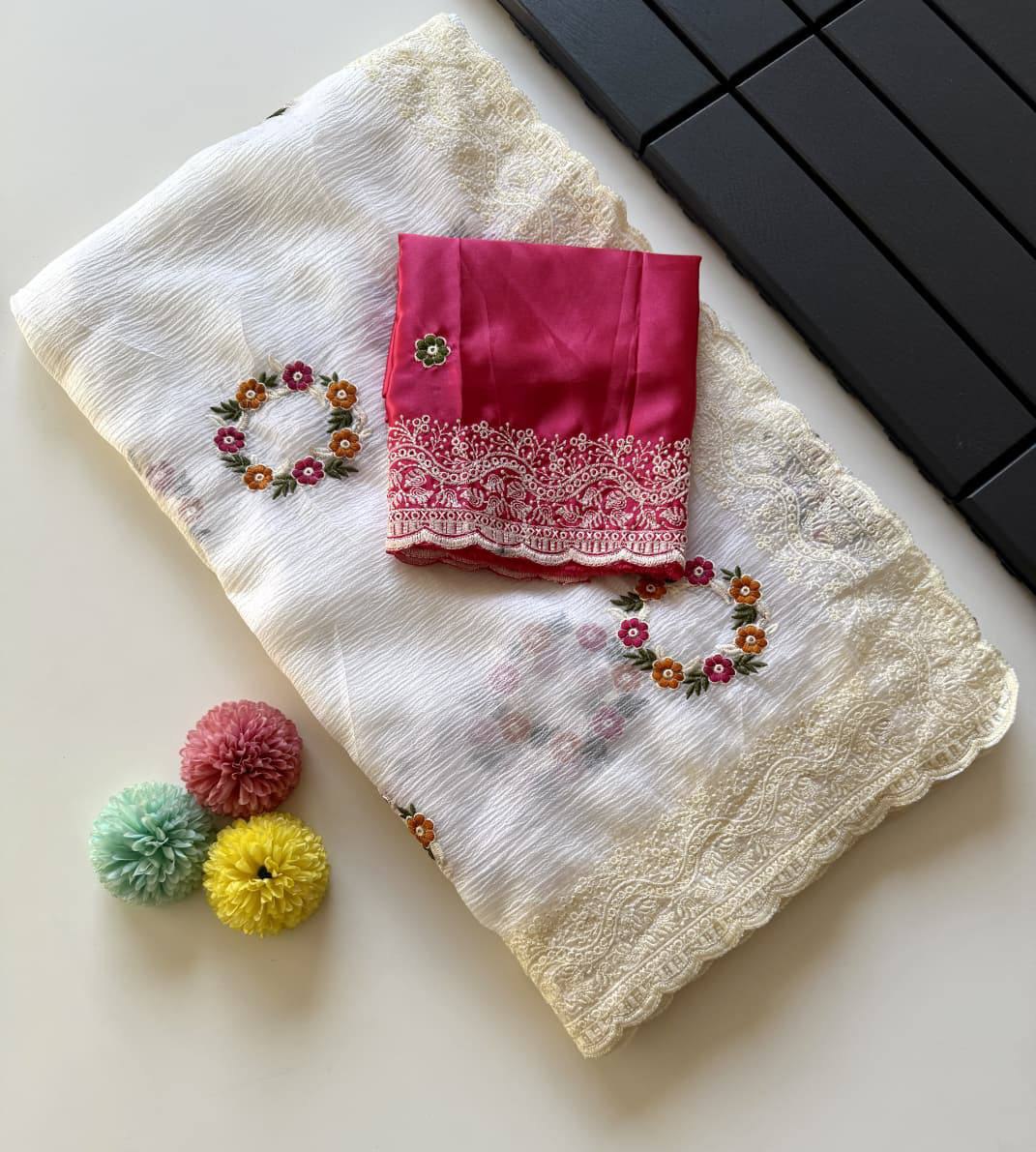 Basic Pure Crush Georgette Chiffon Embroidery Saree