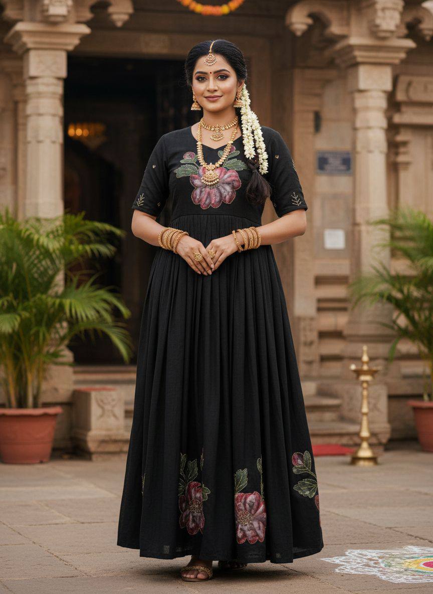 Translate Soft Vichitra Brush Print With Khatli Handwork Gown