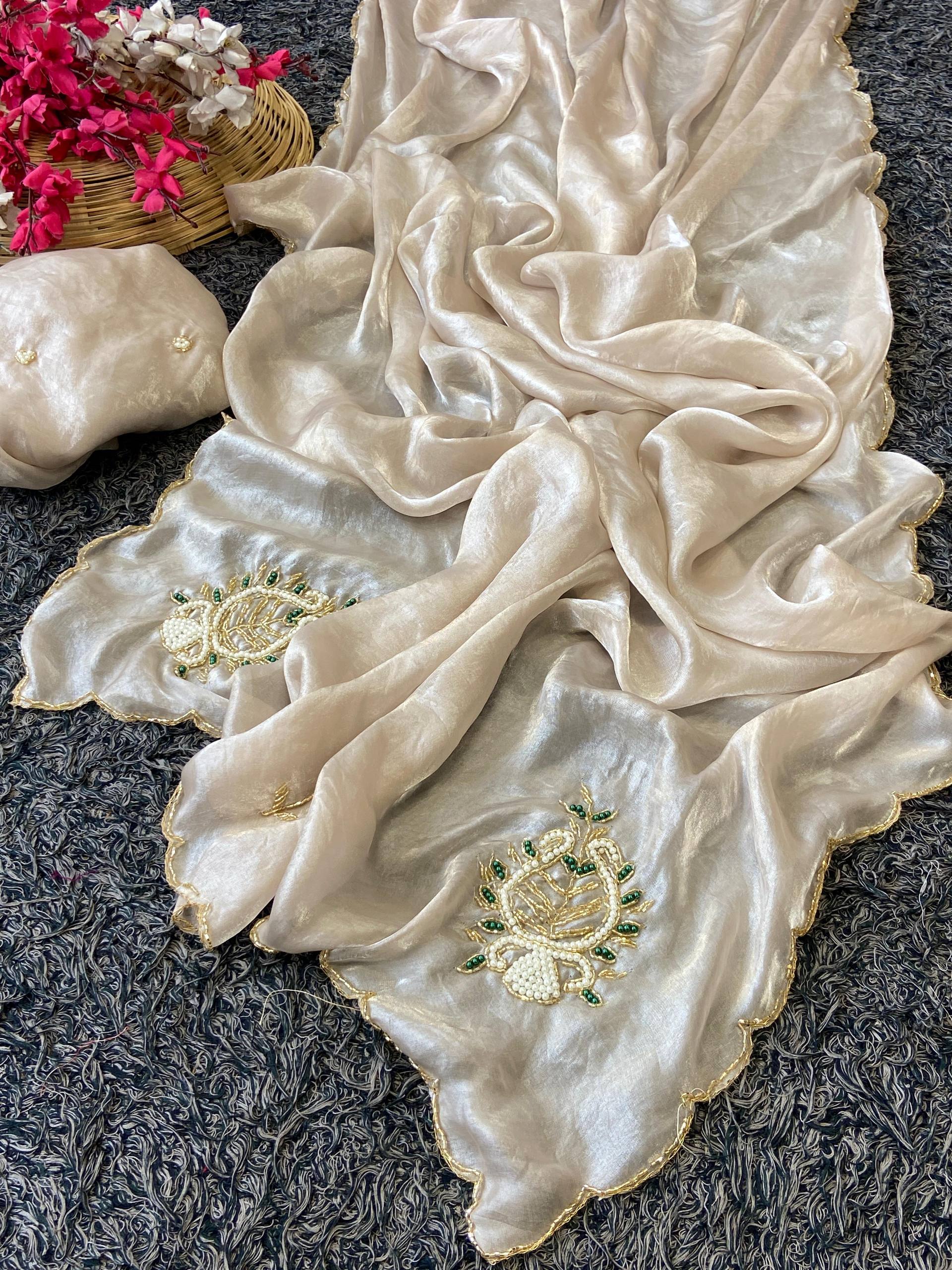 Glass Satin Silk Khatli Work Saree