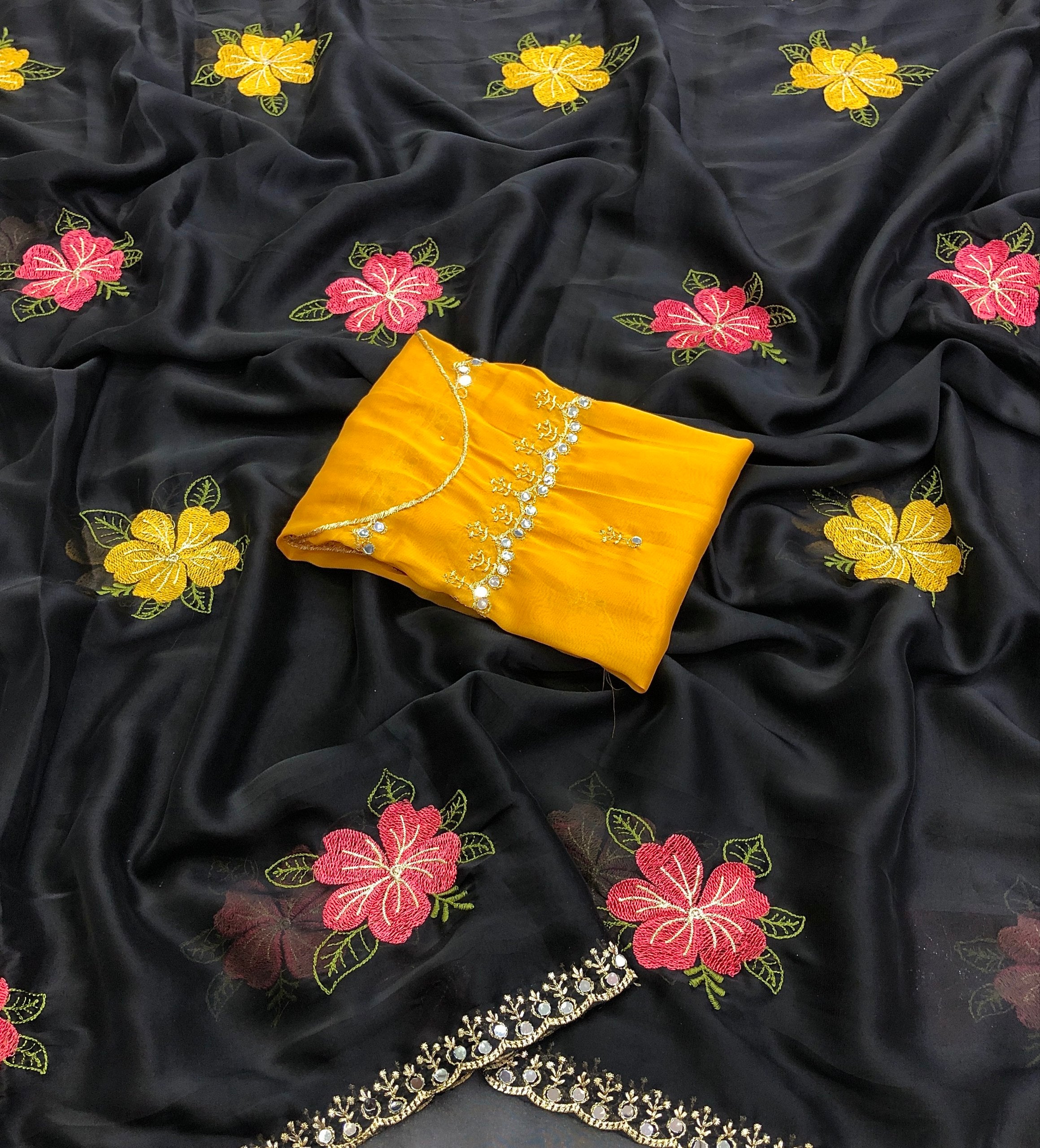 Prodot 3 Chiffon Floral Embroidery Thread Work Saree