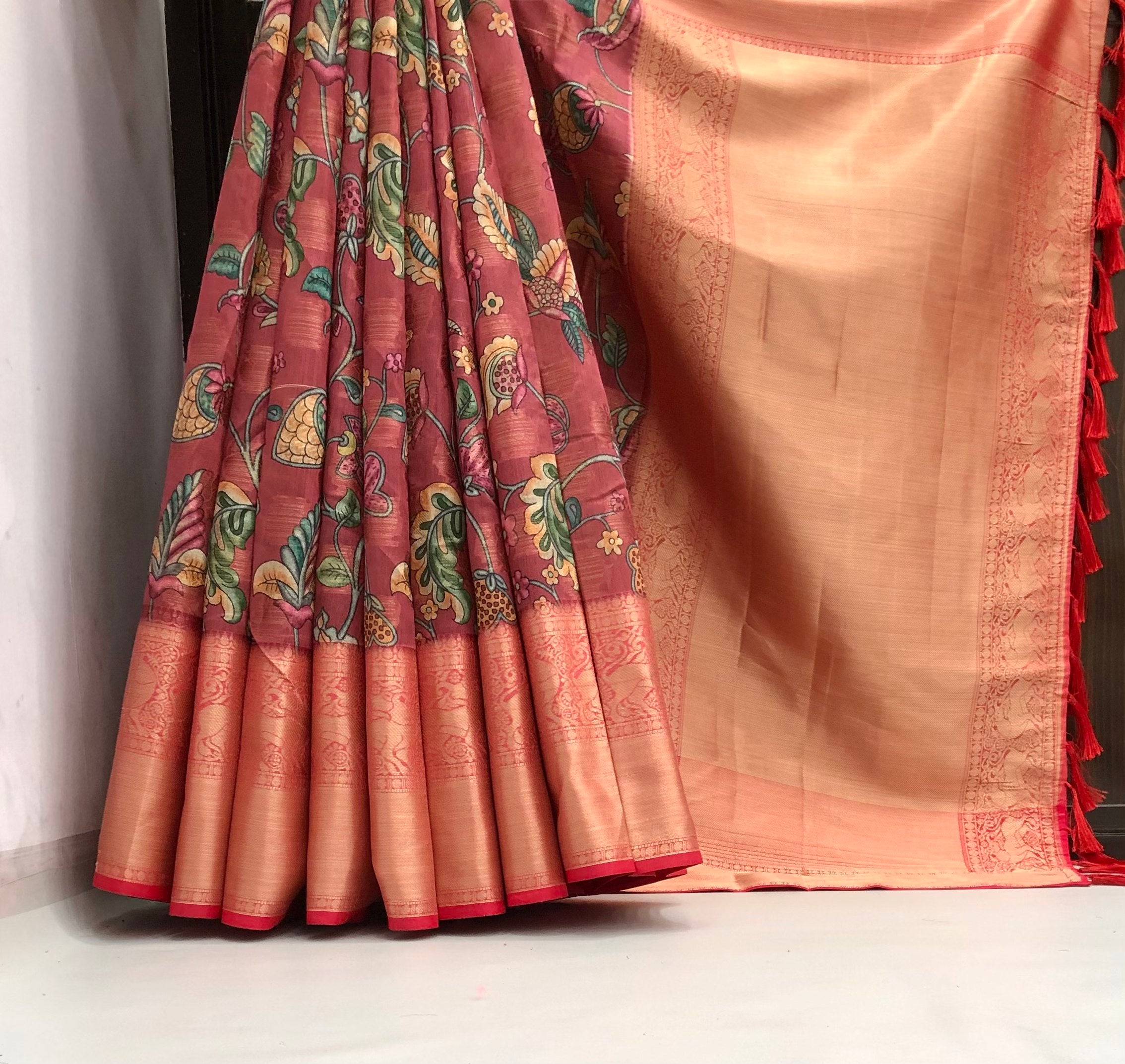 Denim 3 Banarasi Silk Zari Weaving With Kalamkari Print Saree