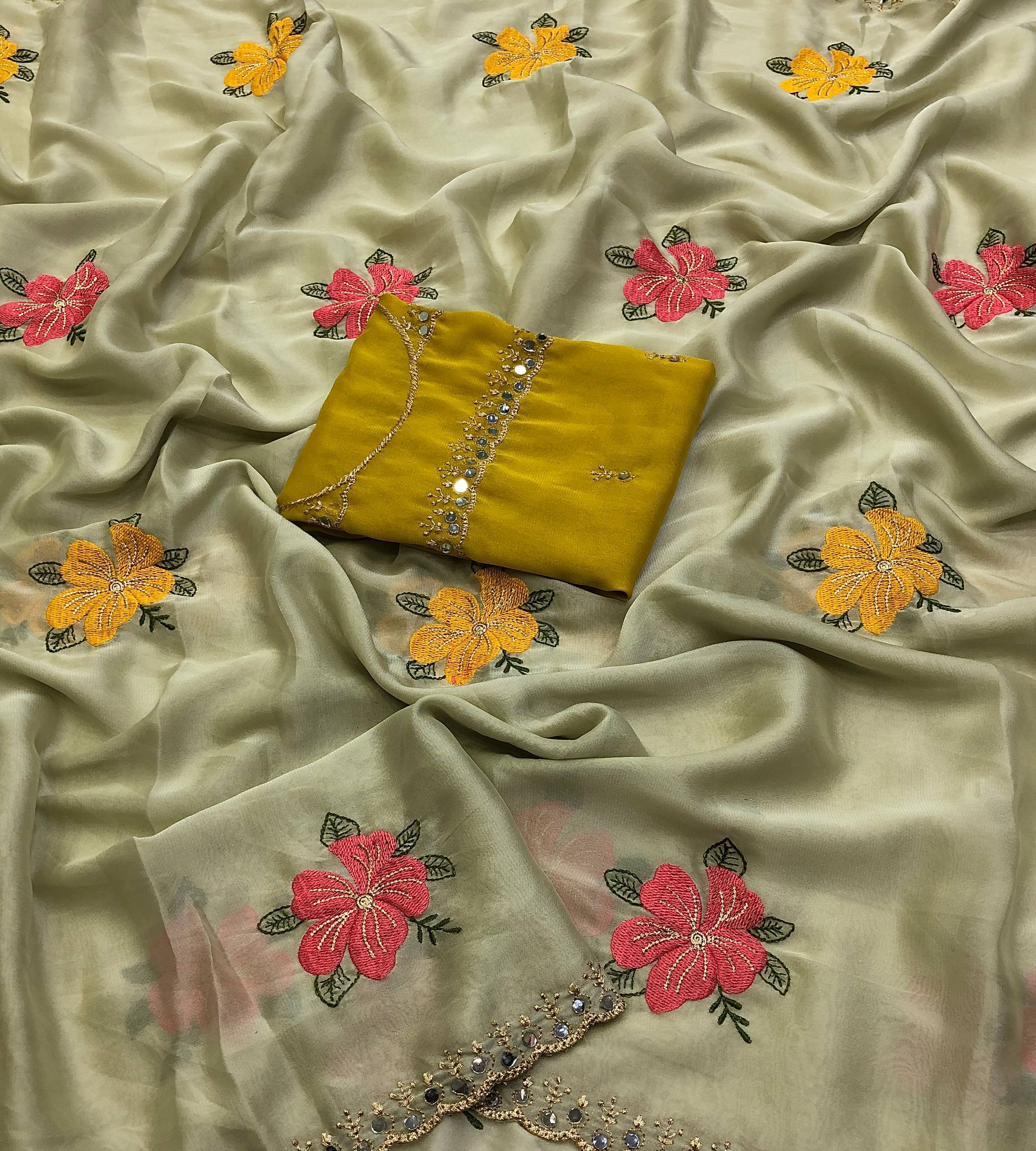 Prodotic Chiffon Floral Embroidery Thread Work Saree