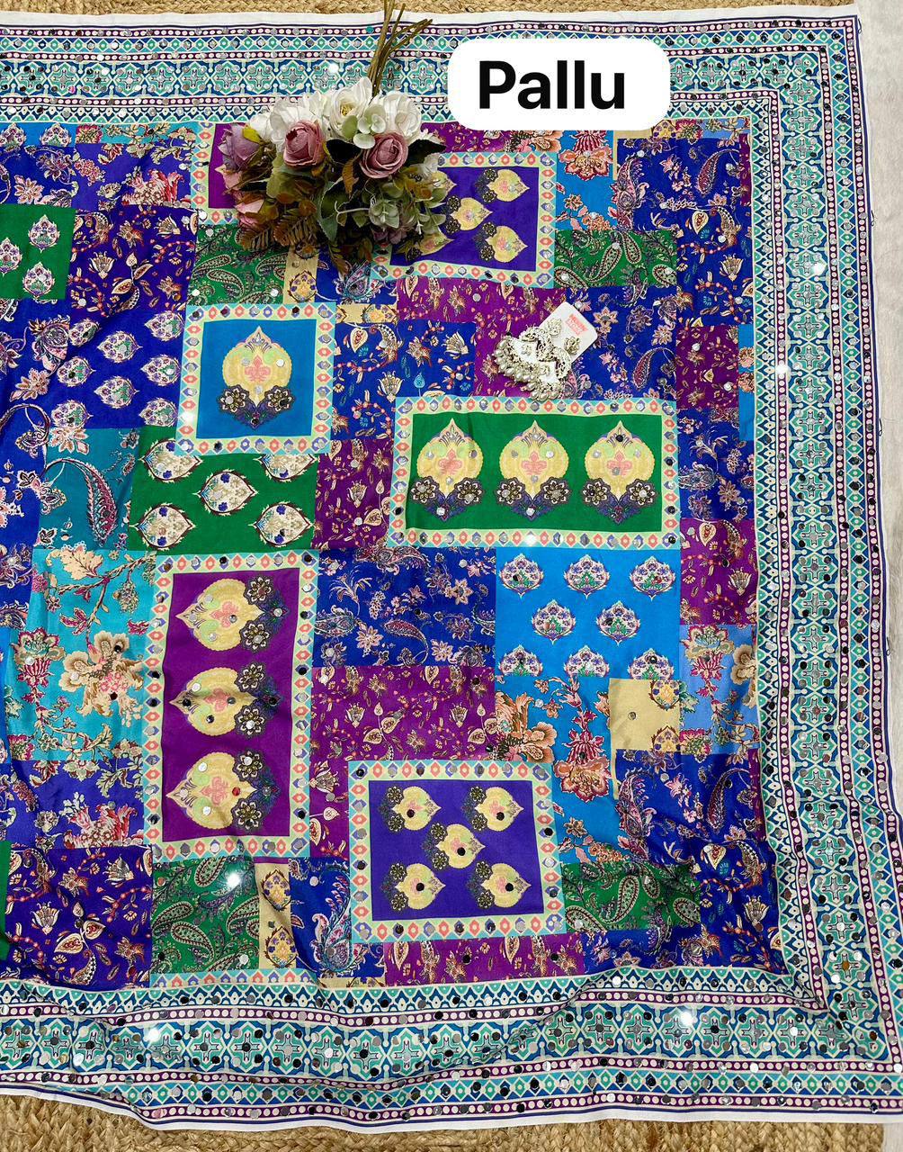 Zareef Crepe Silk Digital Print With Mirror Work Saree