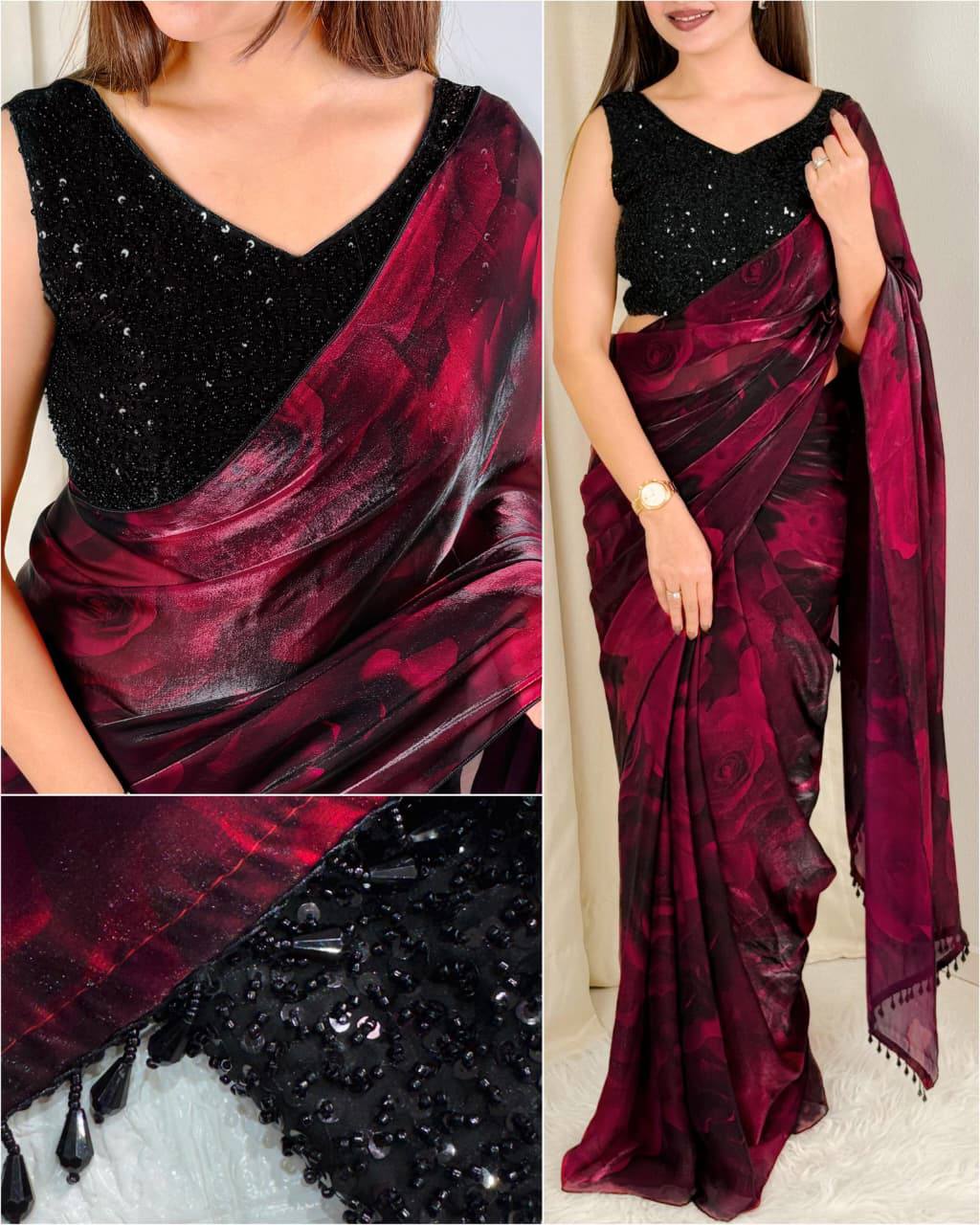 Ridge Fandy Satin Floral Pattern 3d Print Saree