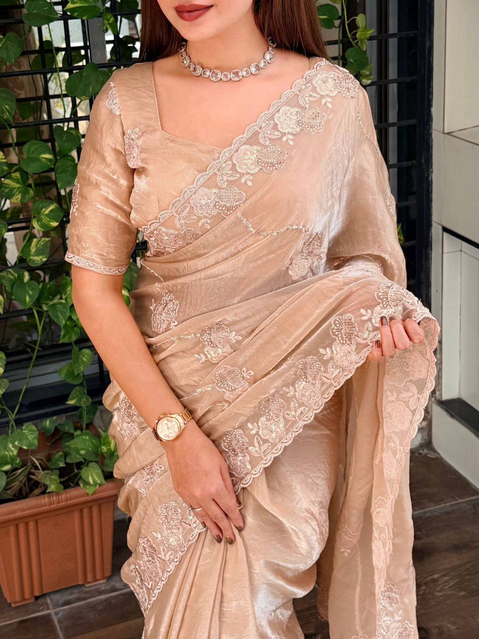 Ellis Fendy Satin Sequins Beads Work Saree