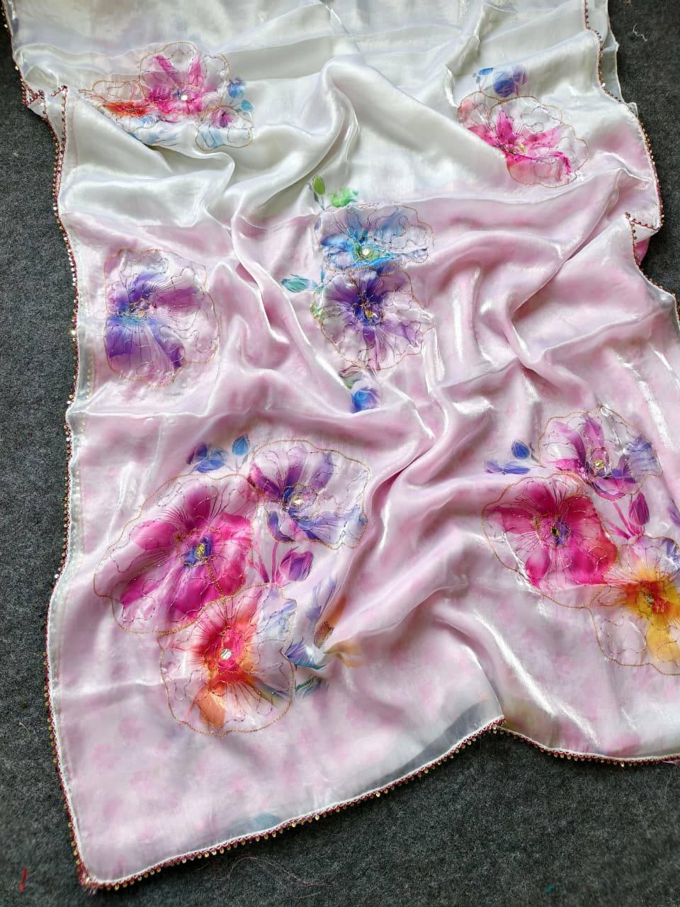 Irvin Space Silk Floral Handwork Sequin Work Saree