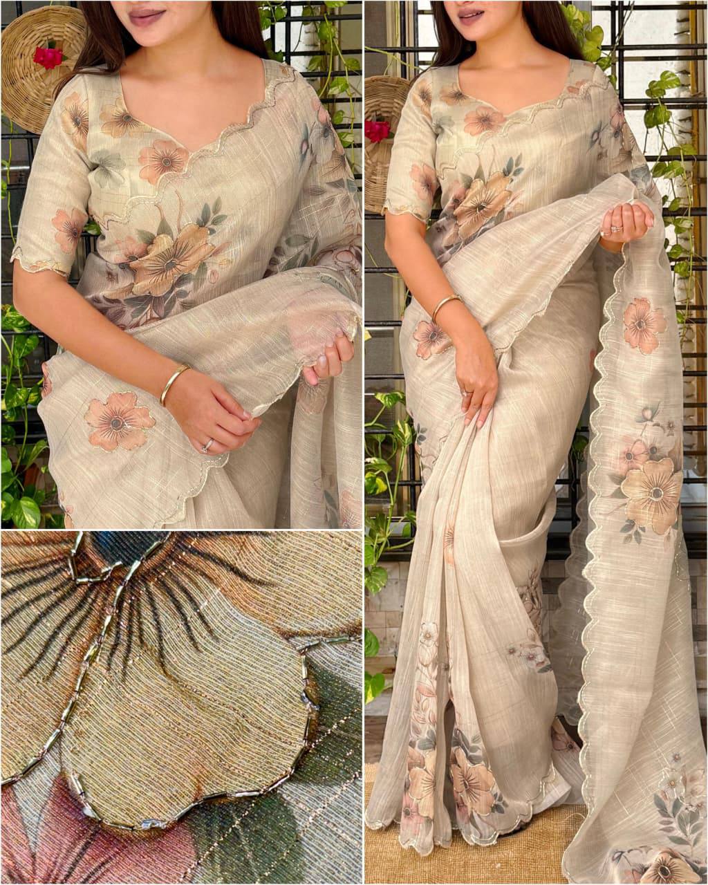 Hezal Tissue Cotton Metallic colors Beads Work Saree