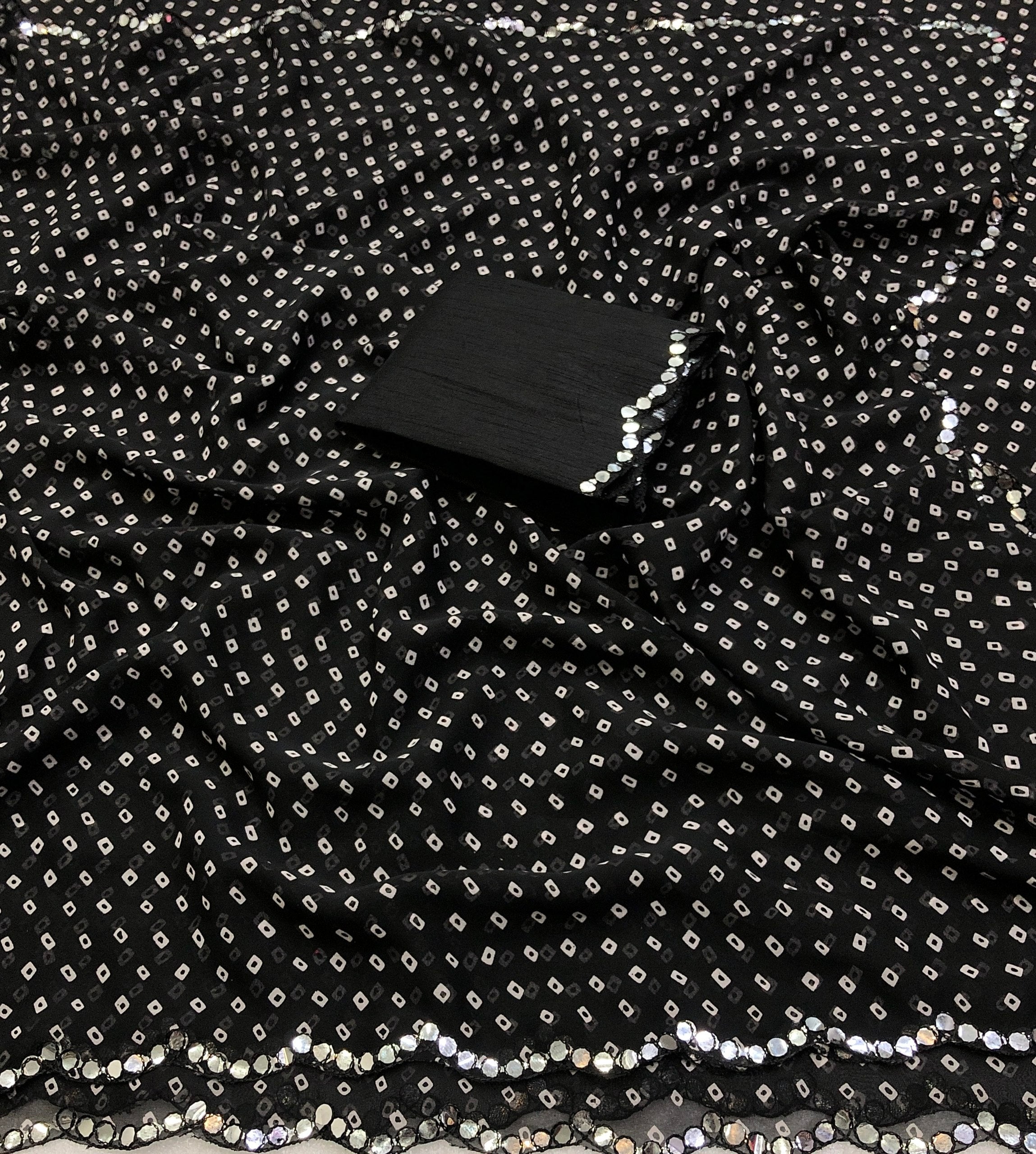 Ash Chiffon Bandani Print Embroidery Work Saree
