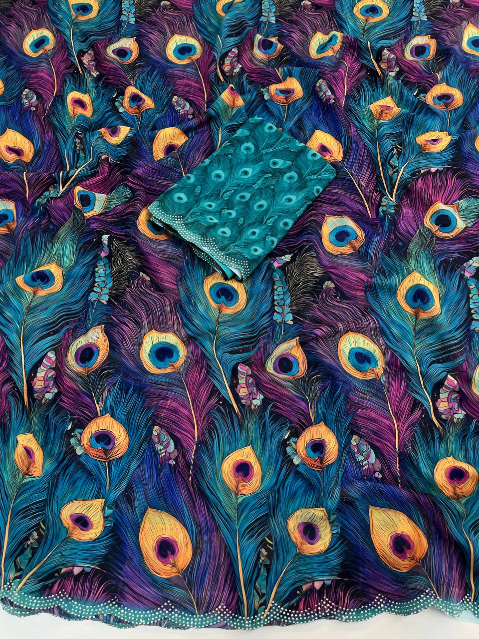 Morani Weightless Chiffon Peacock Feather Printed Saree
