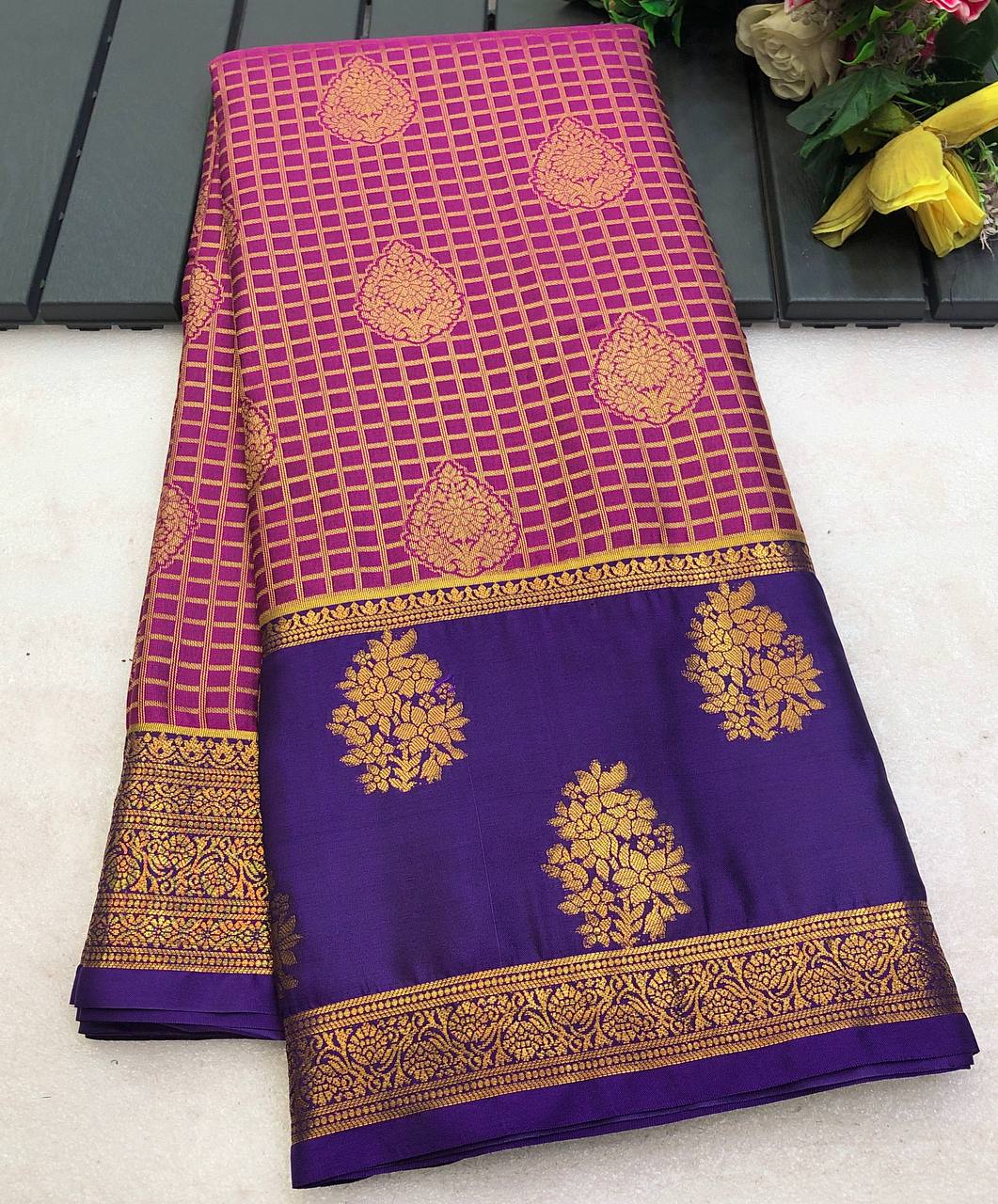 Nexora  Kanjiviram Pattu Silk Pure Zari Chex Weaving Saree