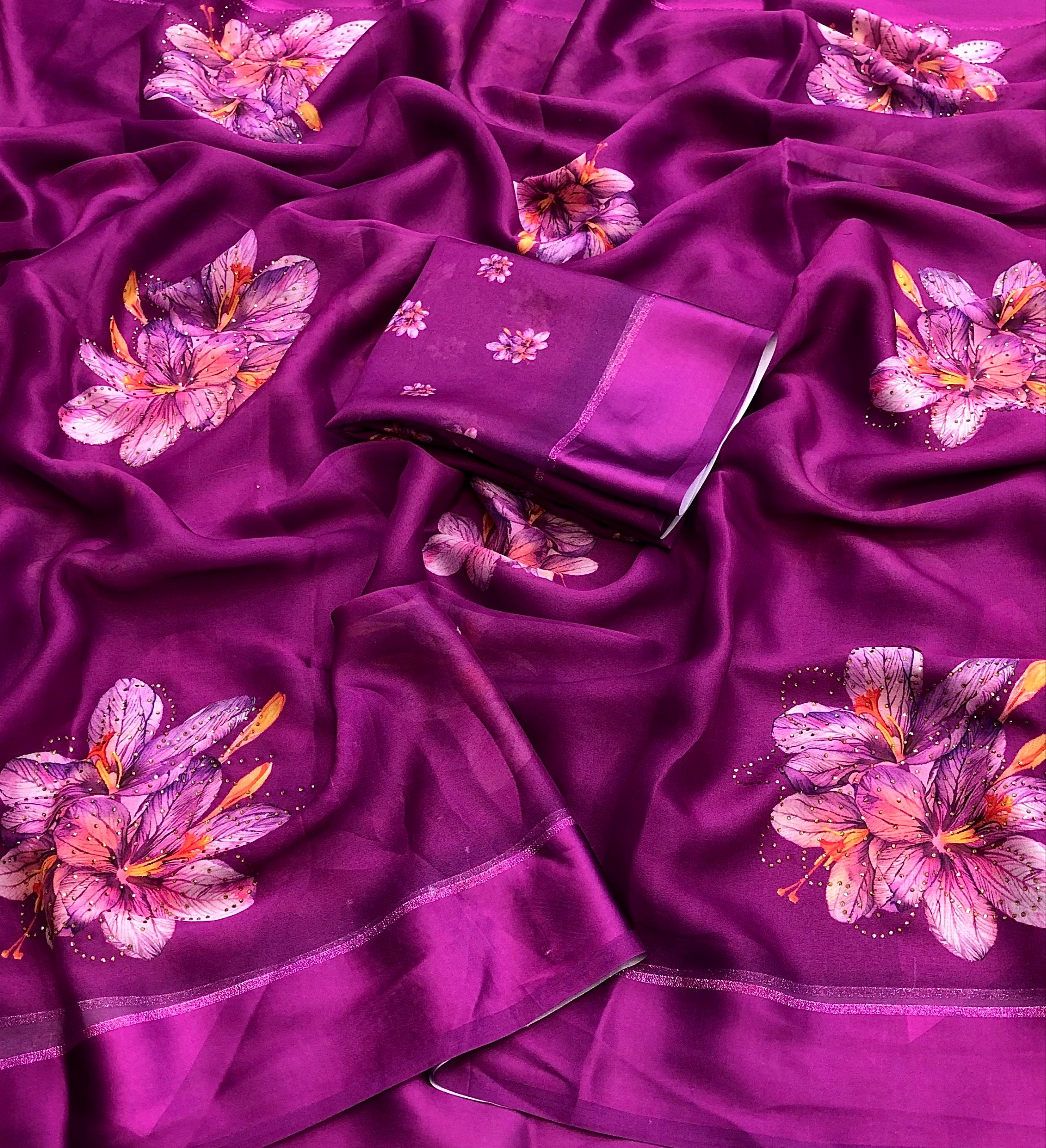 Butti Moss Chiffon With Floral Digital Print Saree