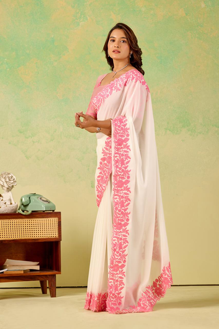 Safeda Georgette With Floral Design Embroidery Work Saree