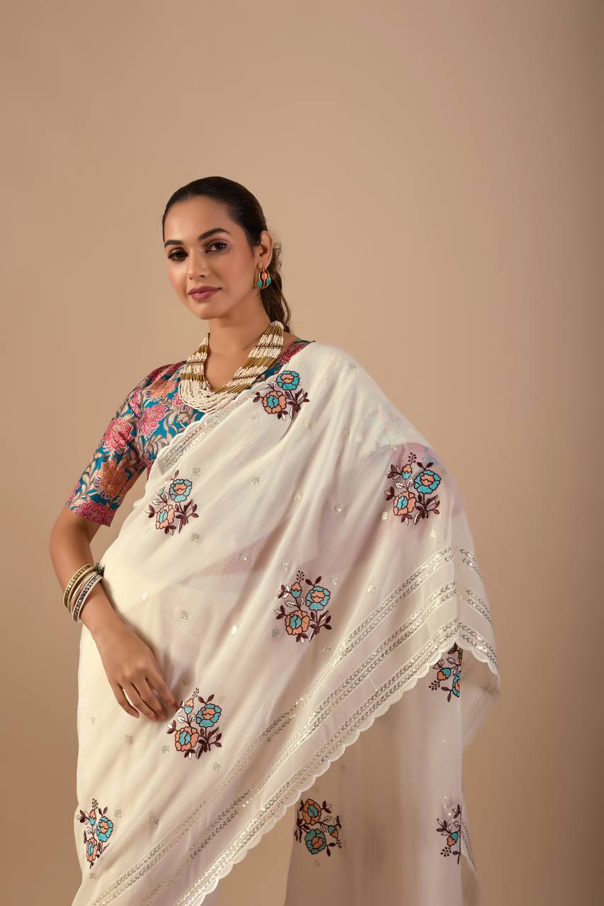 WhiteFlower Crunchy Silk Crush Embroidery Work Saree