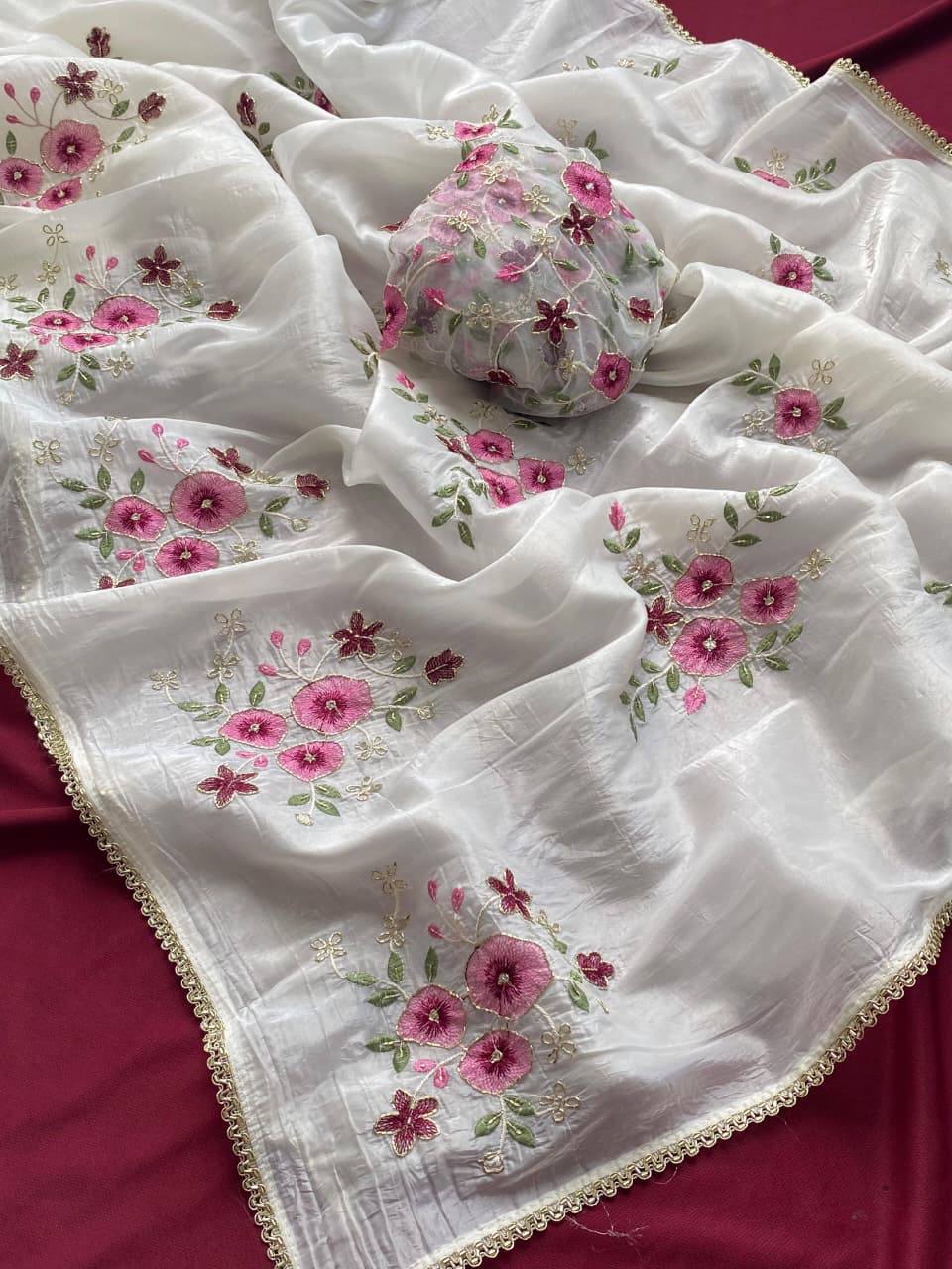 Angel Pure Crushed Embroidery Work Saree