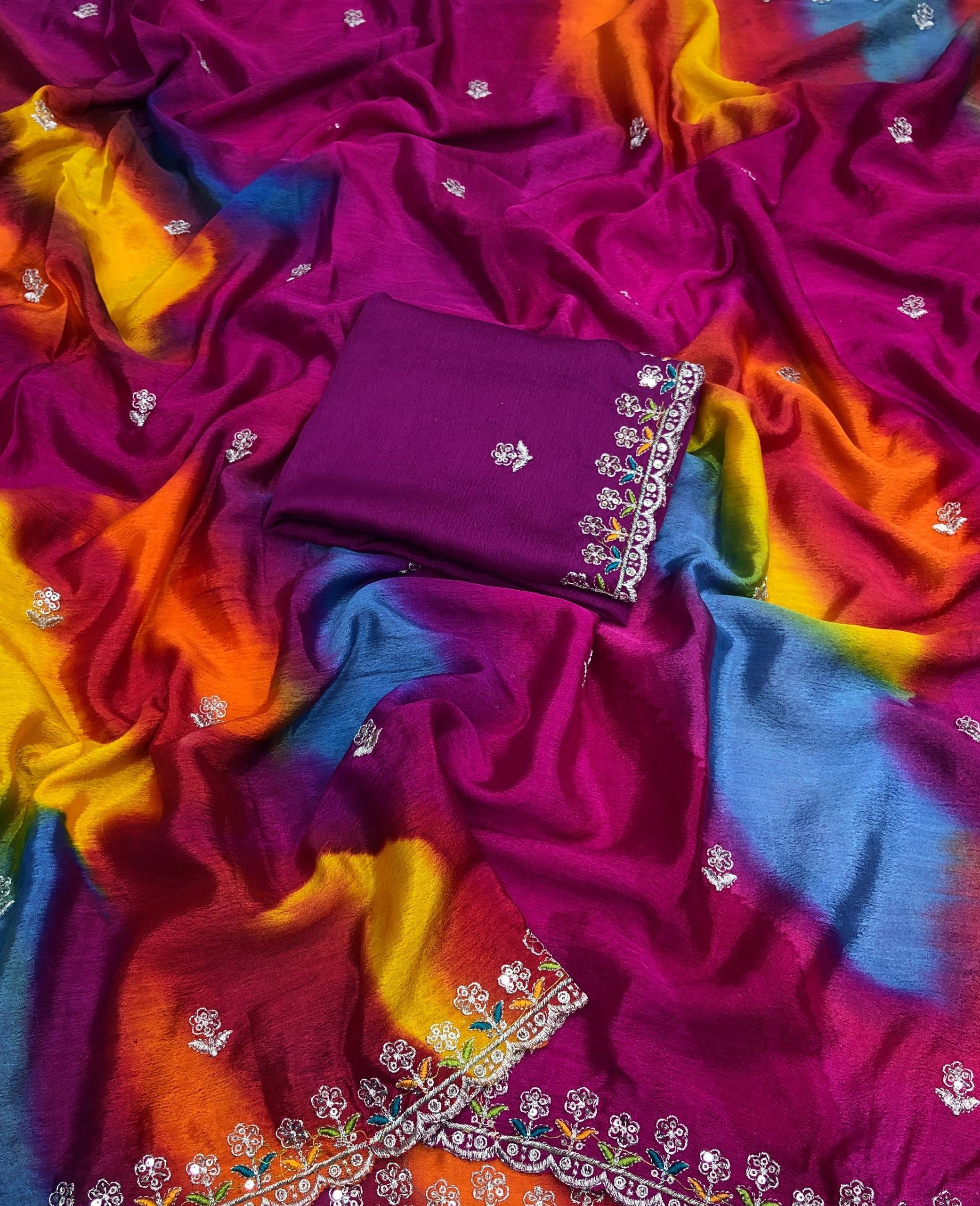 Fire Chinon Shaded Silver Embroidery Saree