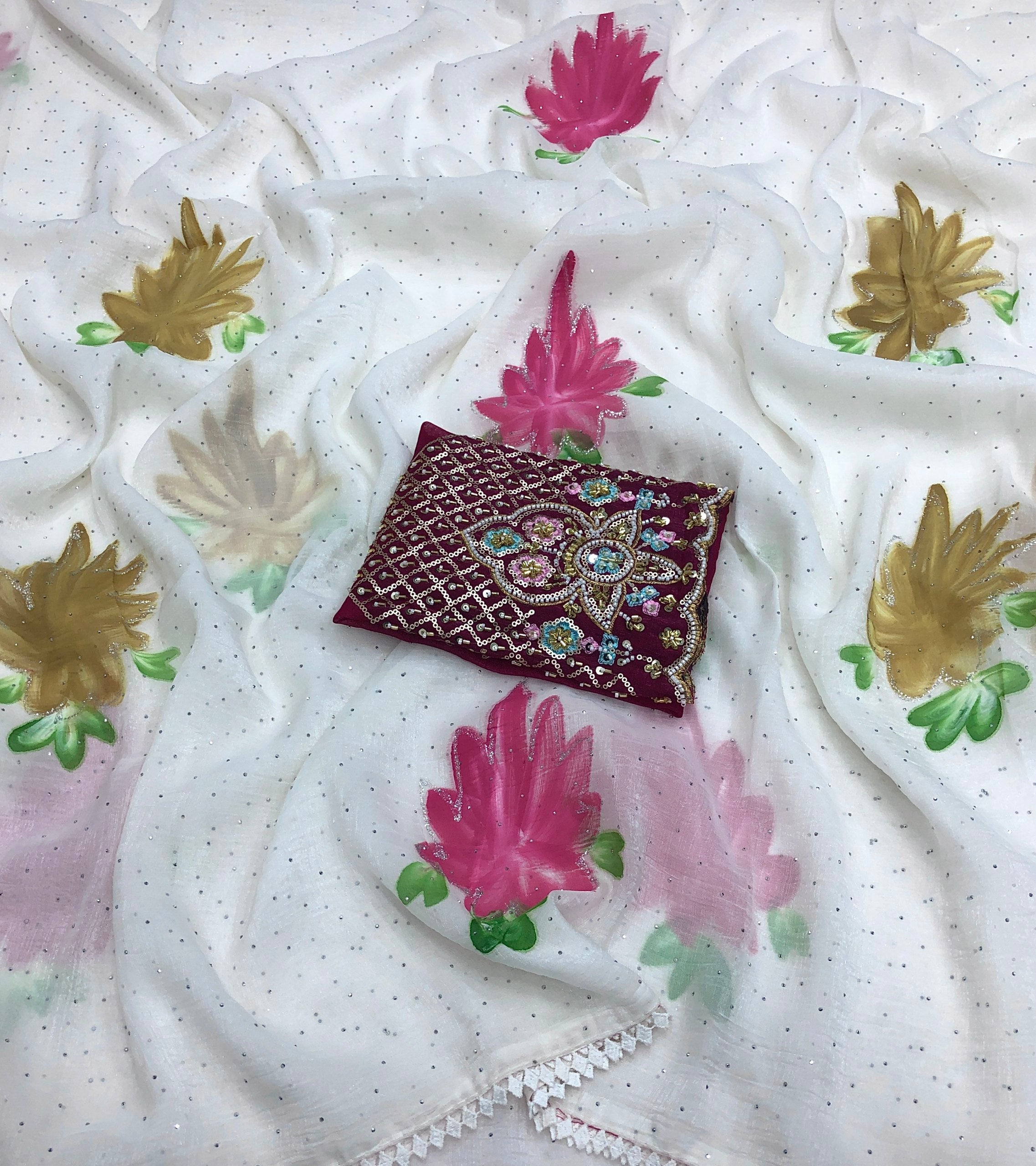 Waneeda Shimmer Georgette Brush PFloral Design Saree