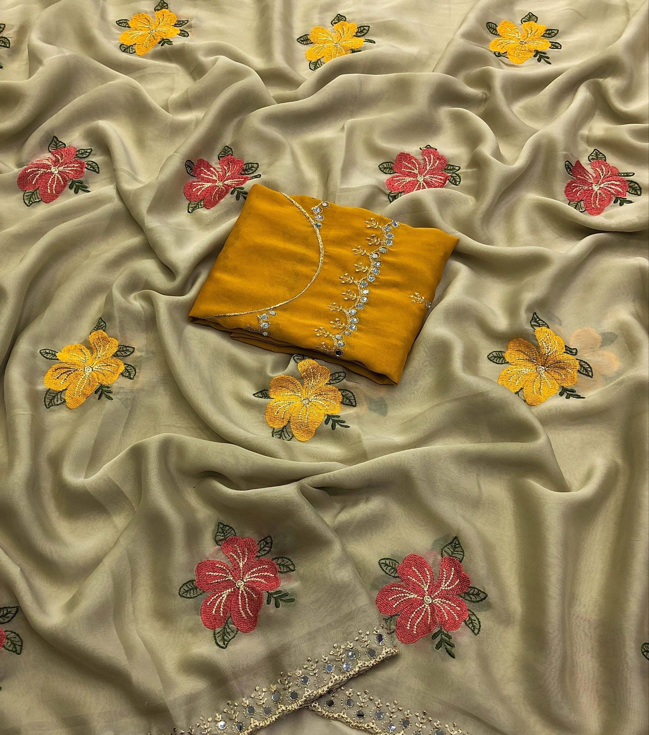 Prodot Chiffon Floral Embroidery Thread Work Saree