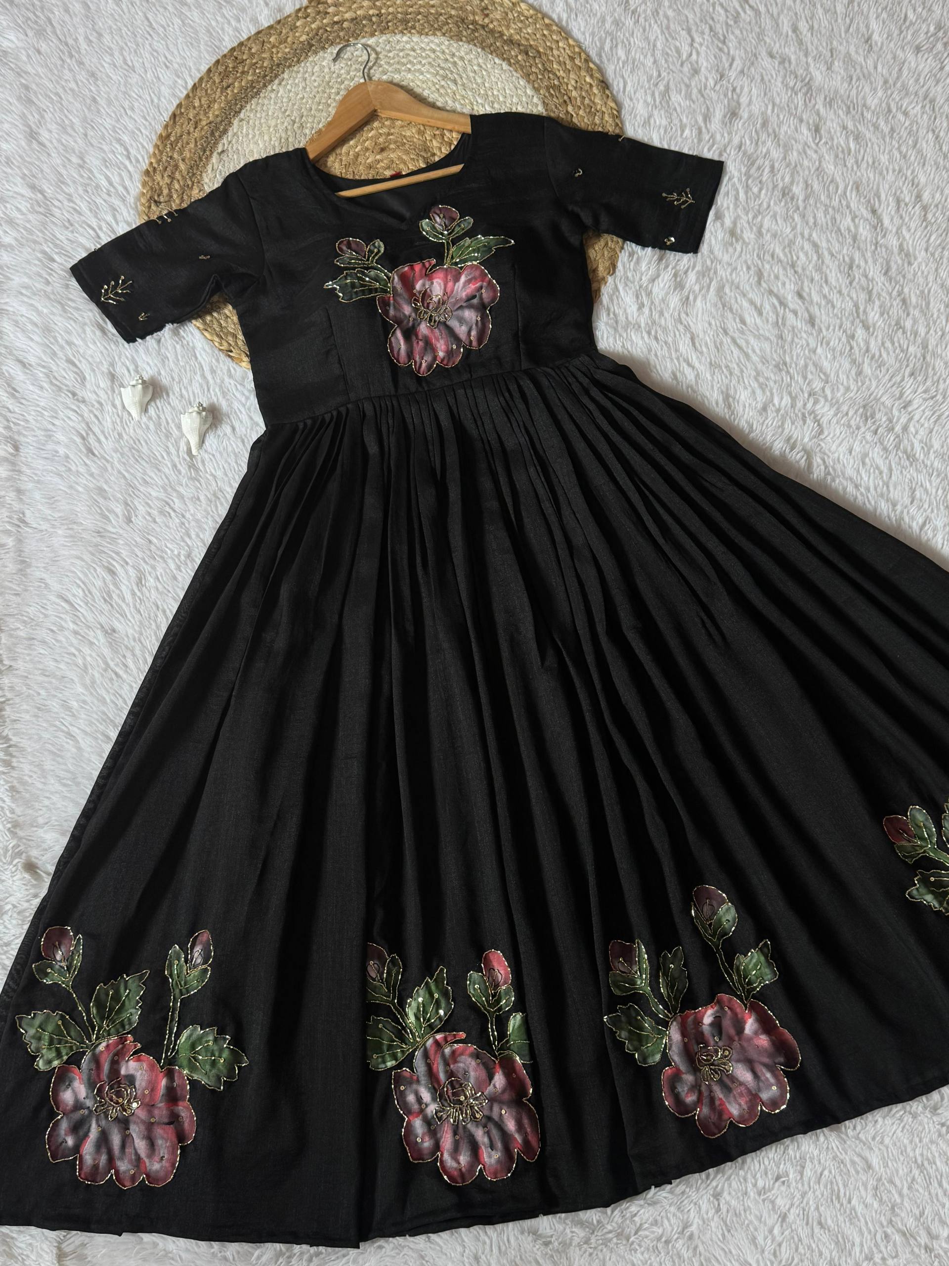 Translate Soft Vichitra Brush Print With Khatli Handwork Gown