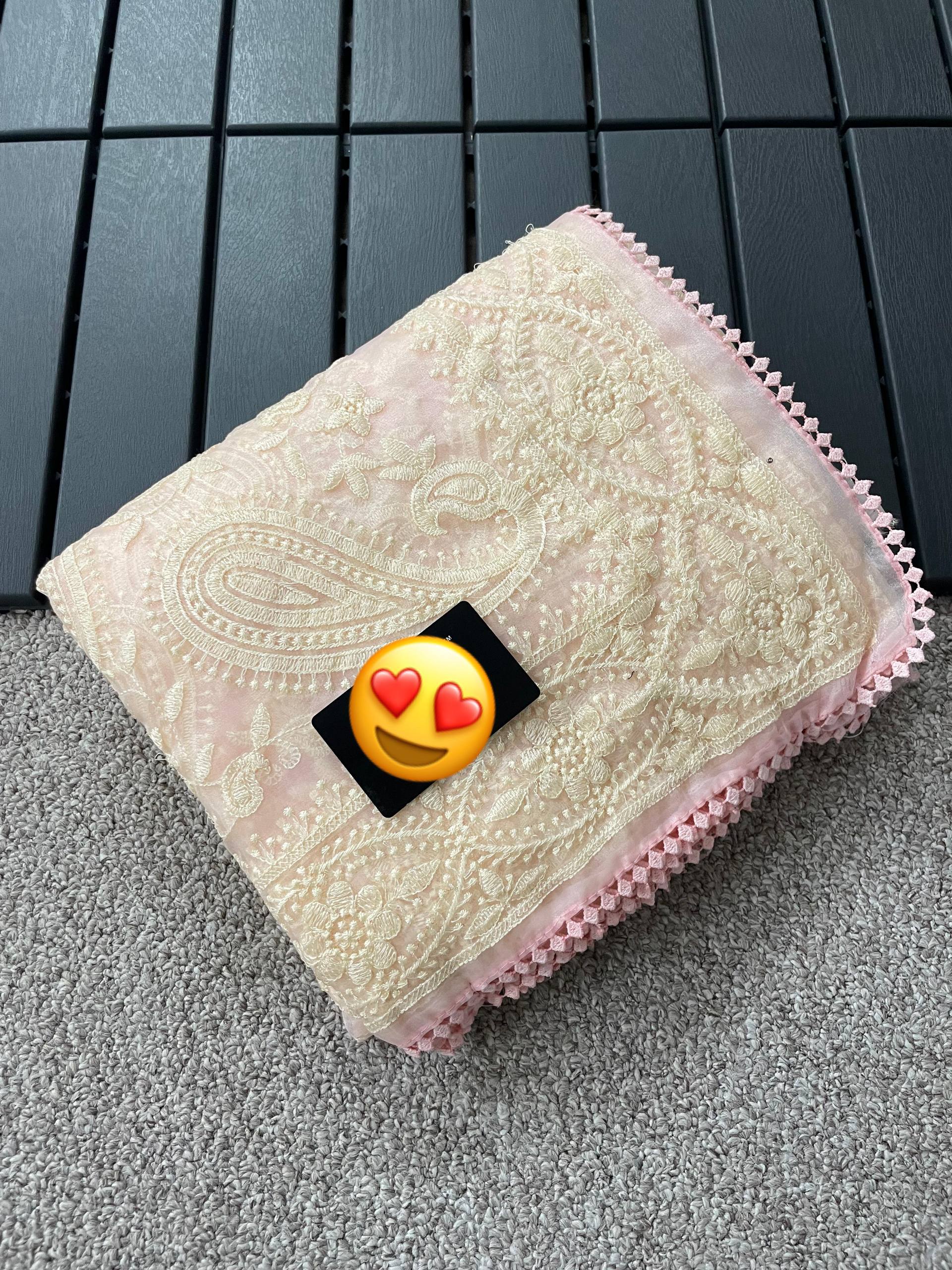 Ship Pure Organza Tissue Chiken Work Saree