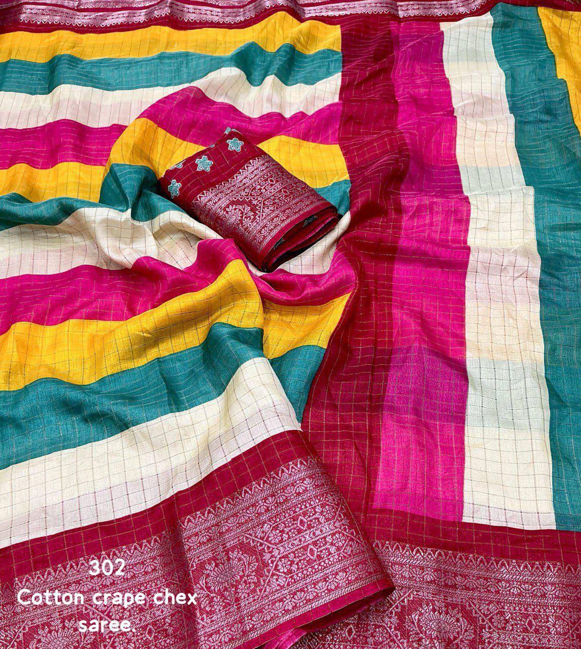 Ensure Cotton Crape Zari Woven Chex Saree