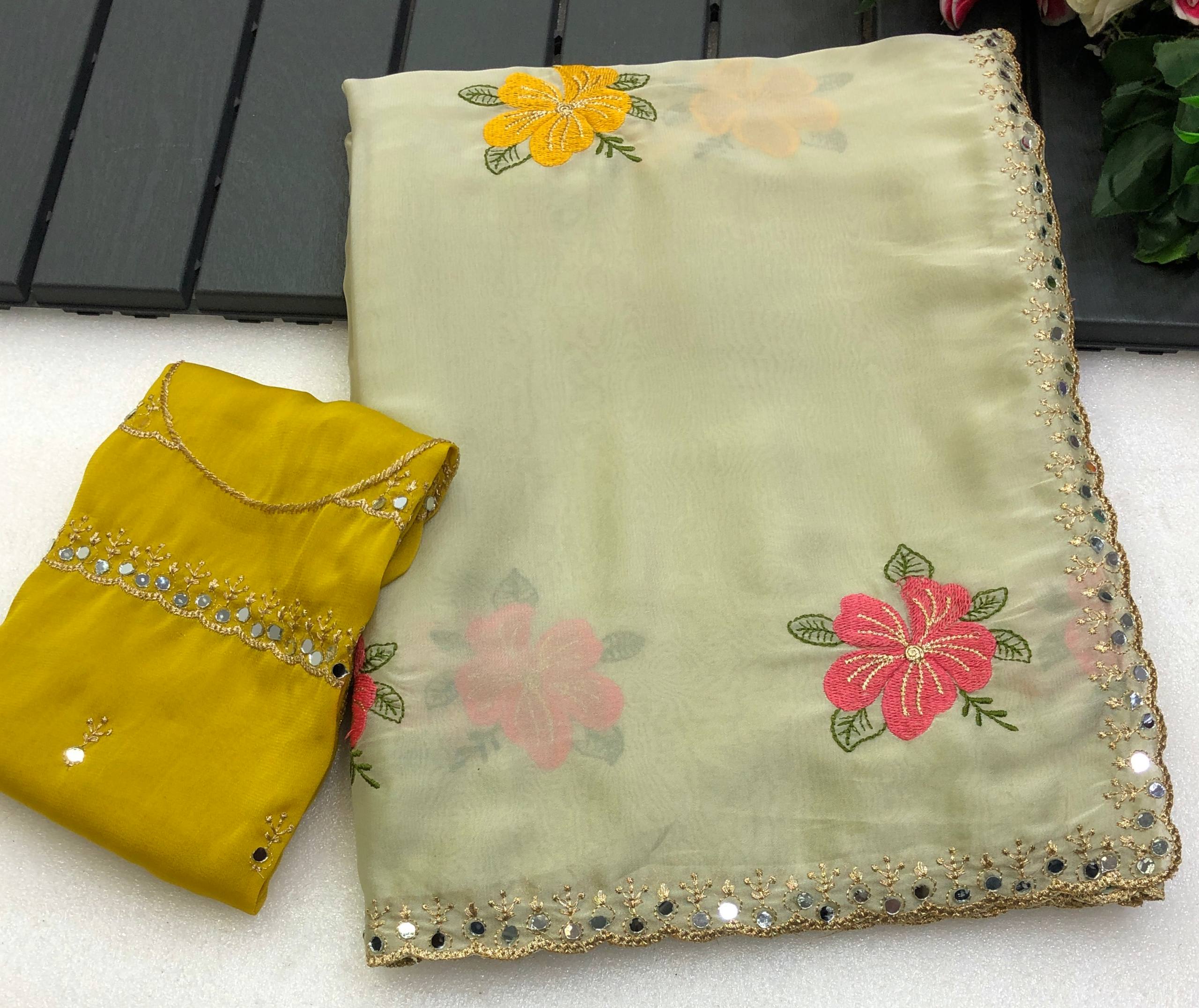 Prodotic Chiffon Floral Embroidery Thread Work Saree