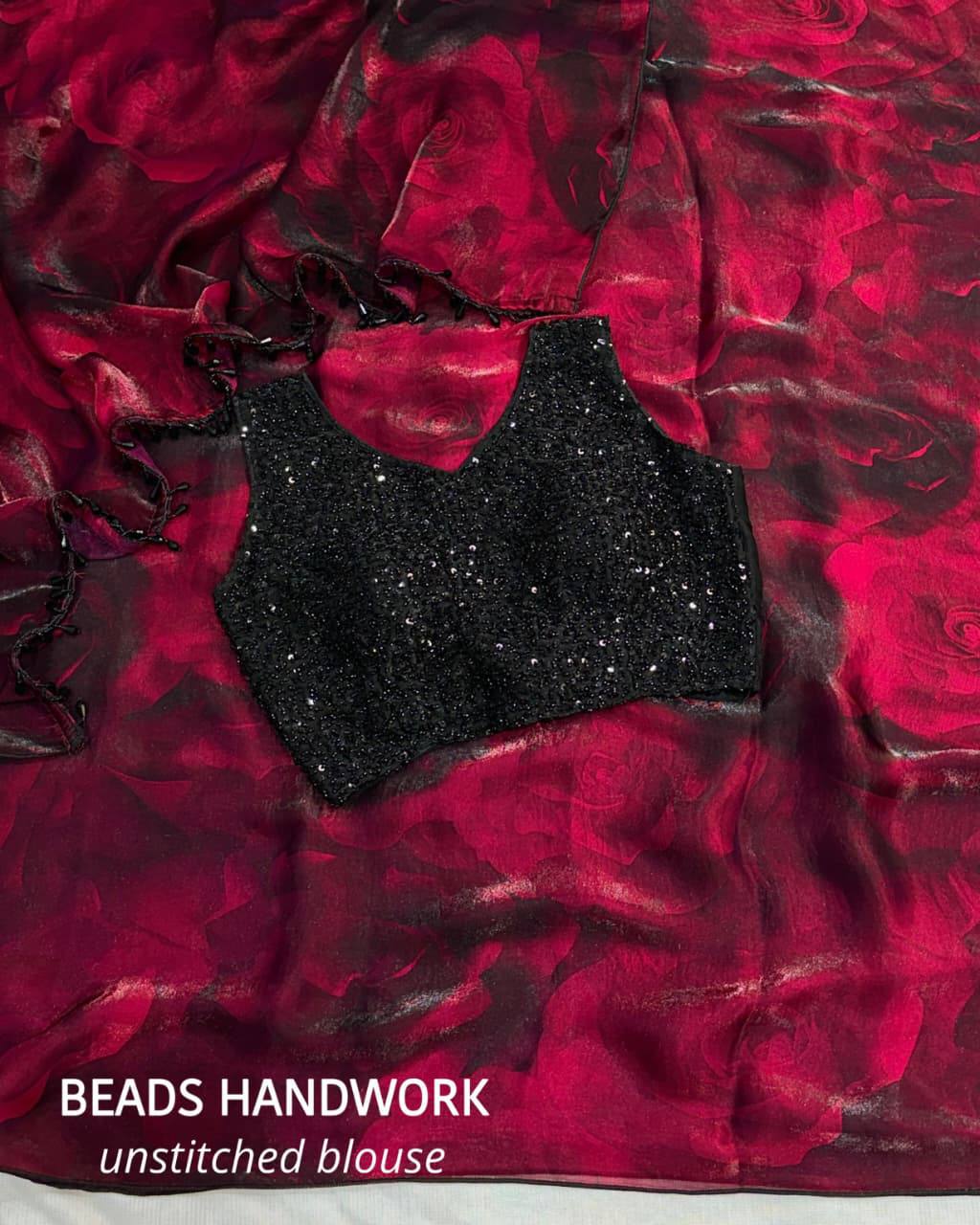 Ridge Fandy Satin Floral Pattern 3d Print Saree