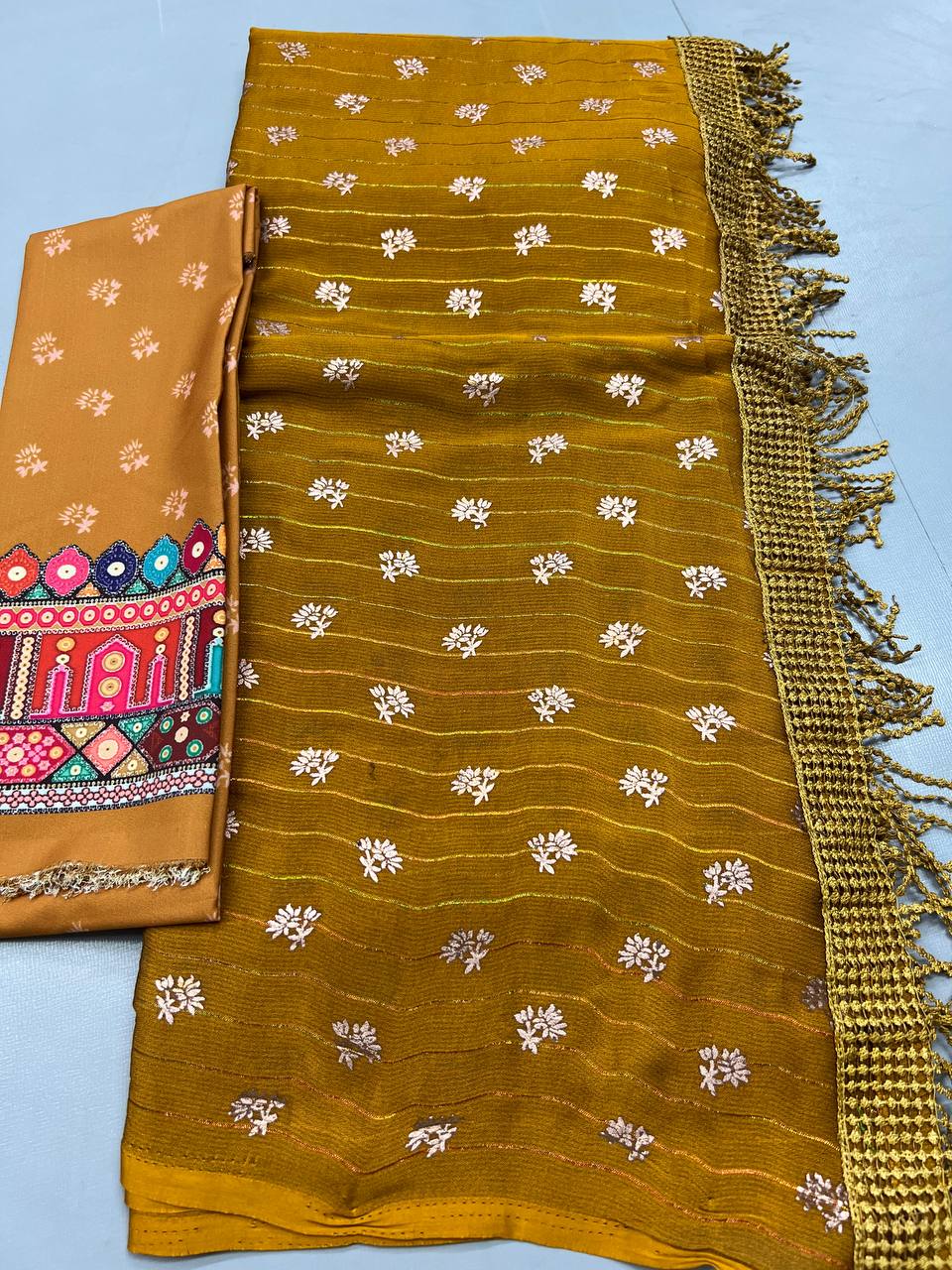 Chiffon printed mirror work , crush & sequence work sarees with blouse