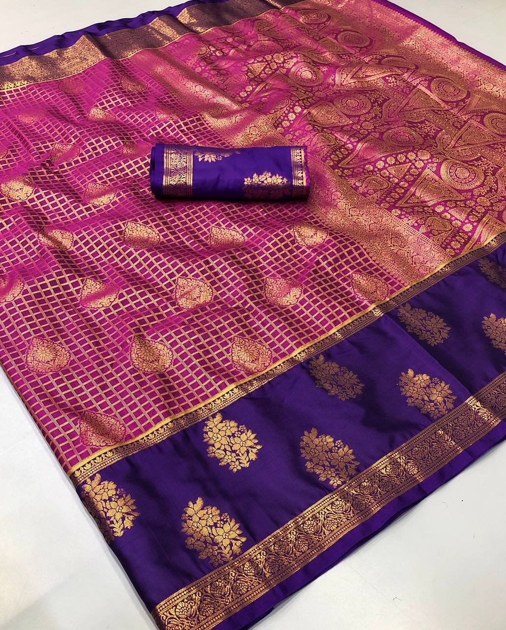 Nexora  Kanjiviram Pattu Silk Pure Zari Chex Weaving Saree
