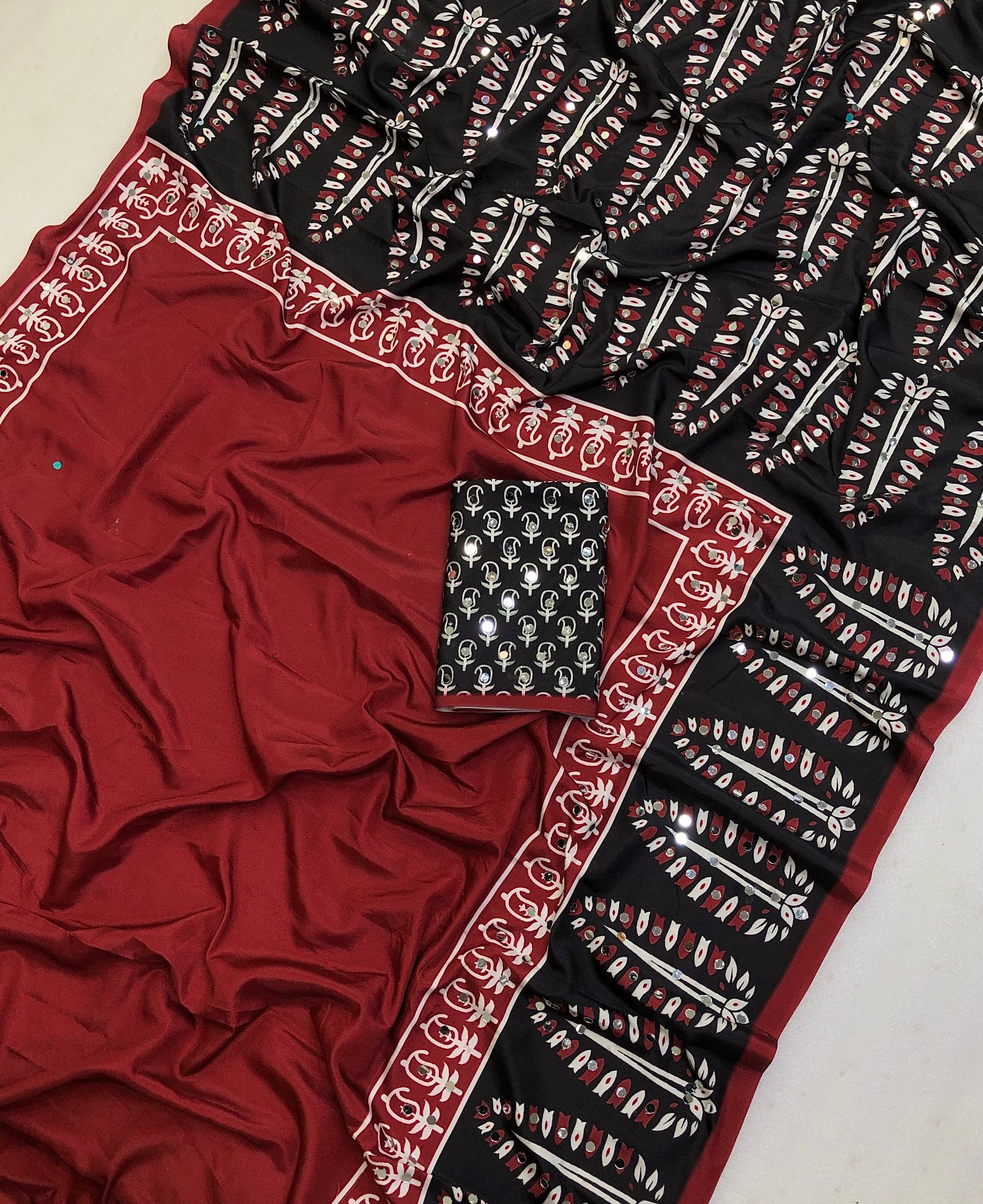 Mirrol Satin Crape Silk Ajrakh Printed Saree